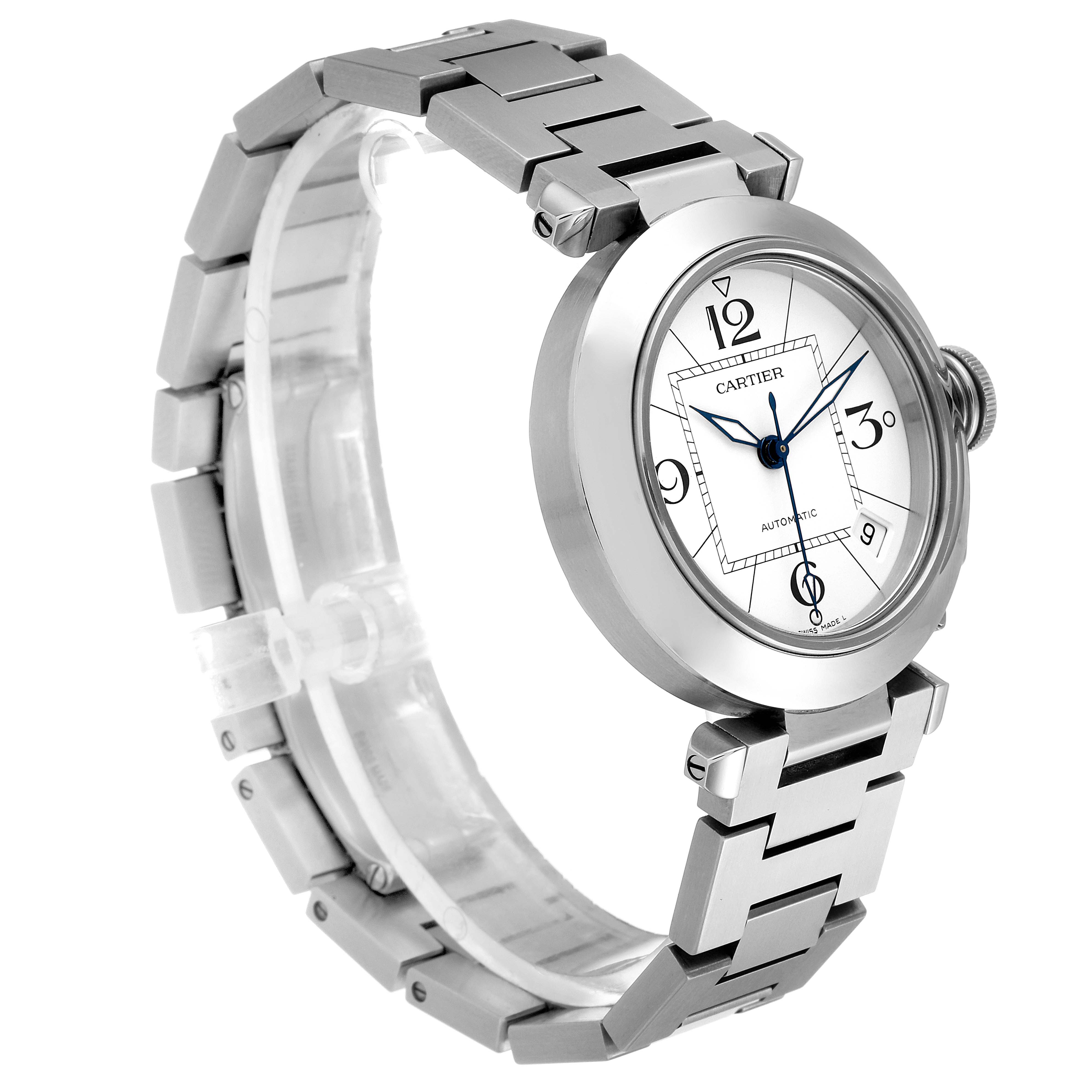 The Cartier Pasha W31074M7 Men's Stainless Steel White Dial W31074M7 Men's Stainless Steel White Dial watch is shown at a three-quarter angle, displaying its face, bracelet, and crown.