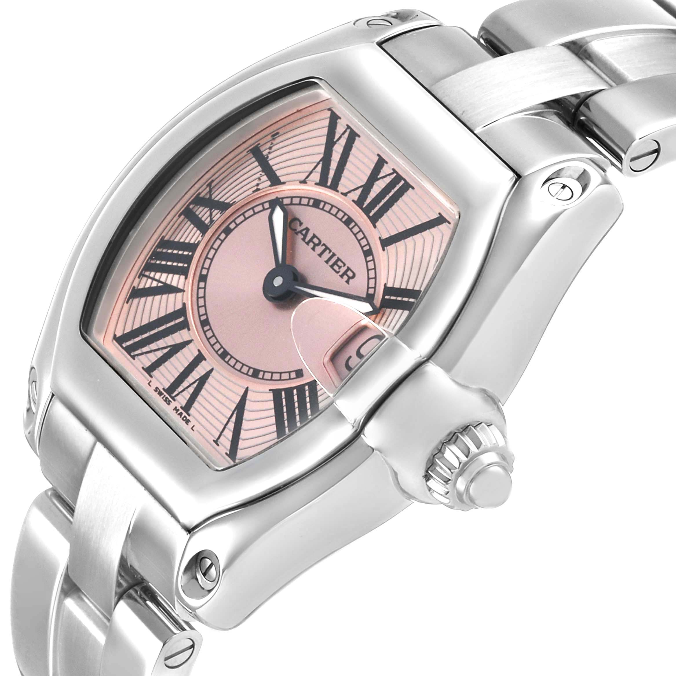 The Cartier Roadster W62017V3 Women's Stainless Steel Pink Dial watch is shown at an angled view, highlighting the dial, bezel, crown, and part of the bracelet.