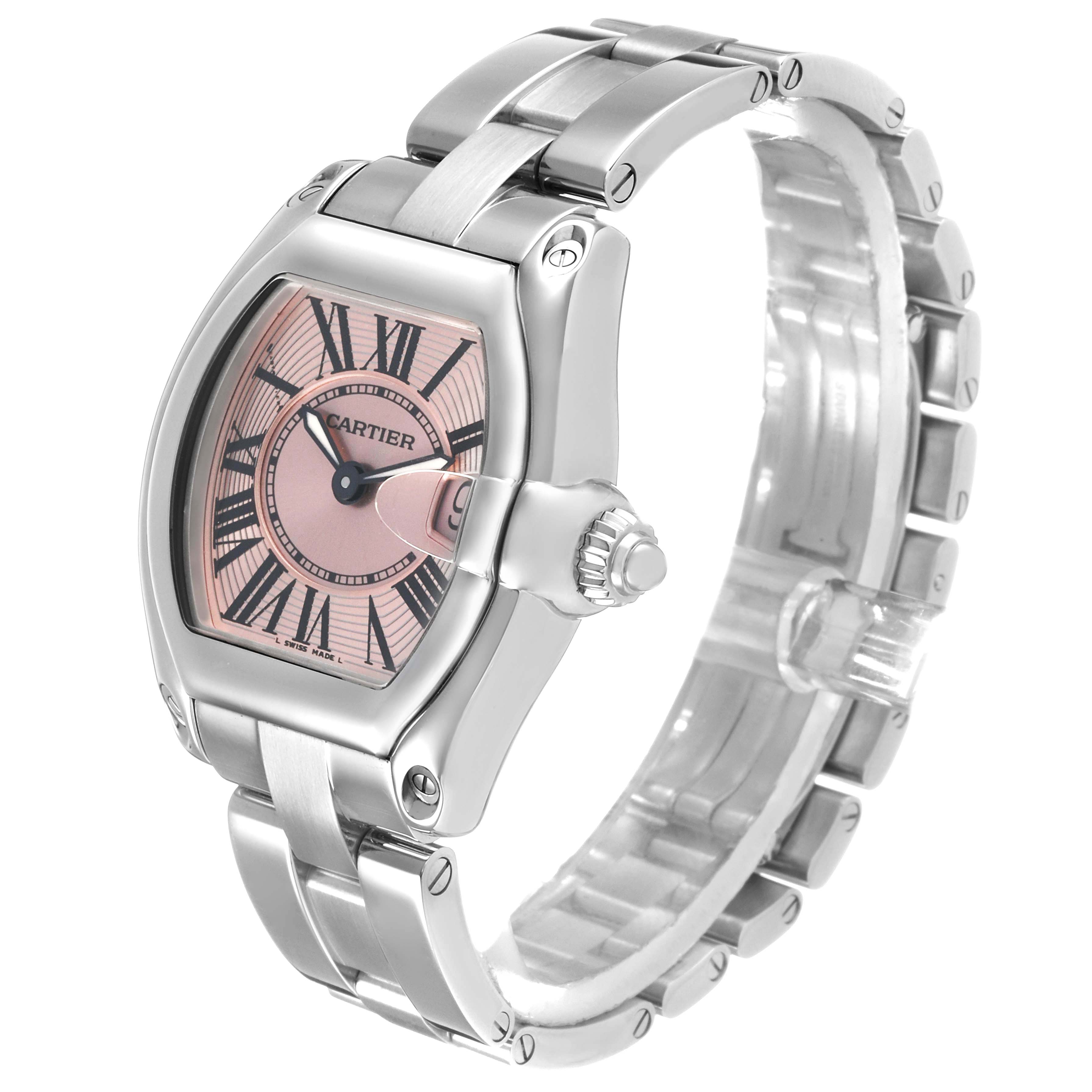 The Cartier Roadster W62017V3 Women's Stainless Steel Pink Dial watch is shown at a three-quarter angle, highlighting the case, bracelet, and crown.