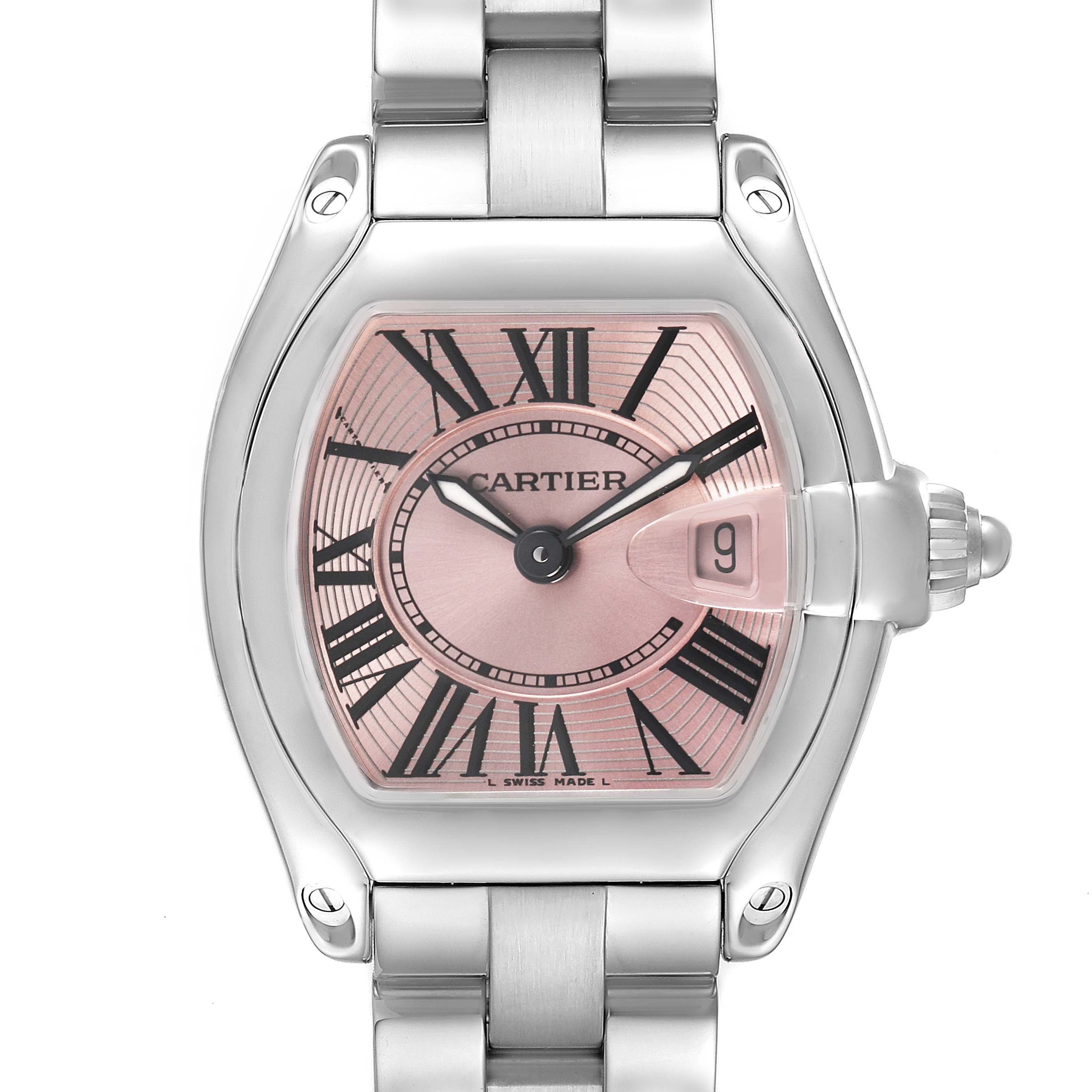 This image shows a front view of the Cartier Roadster W62017V3 Women's Stainless Steel Pink Dial watch, highlighting the dial, Roman numerals, and metallic bracelet.