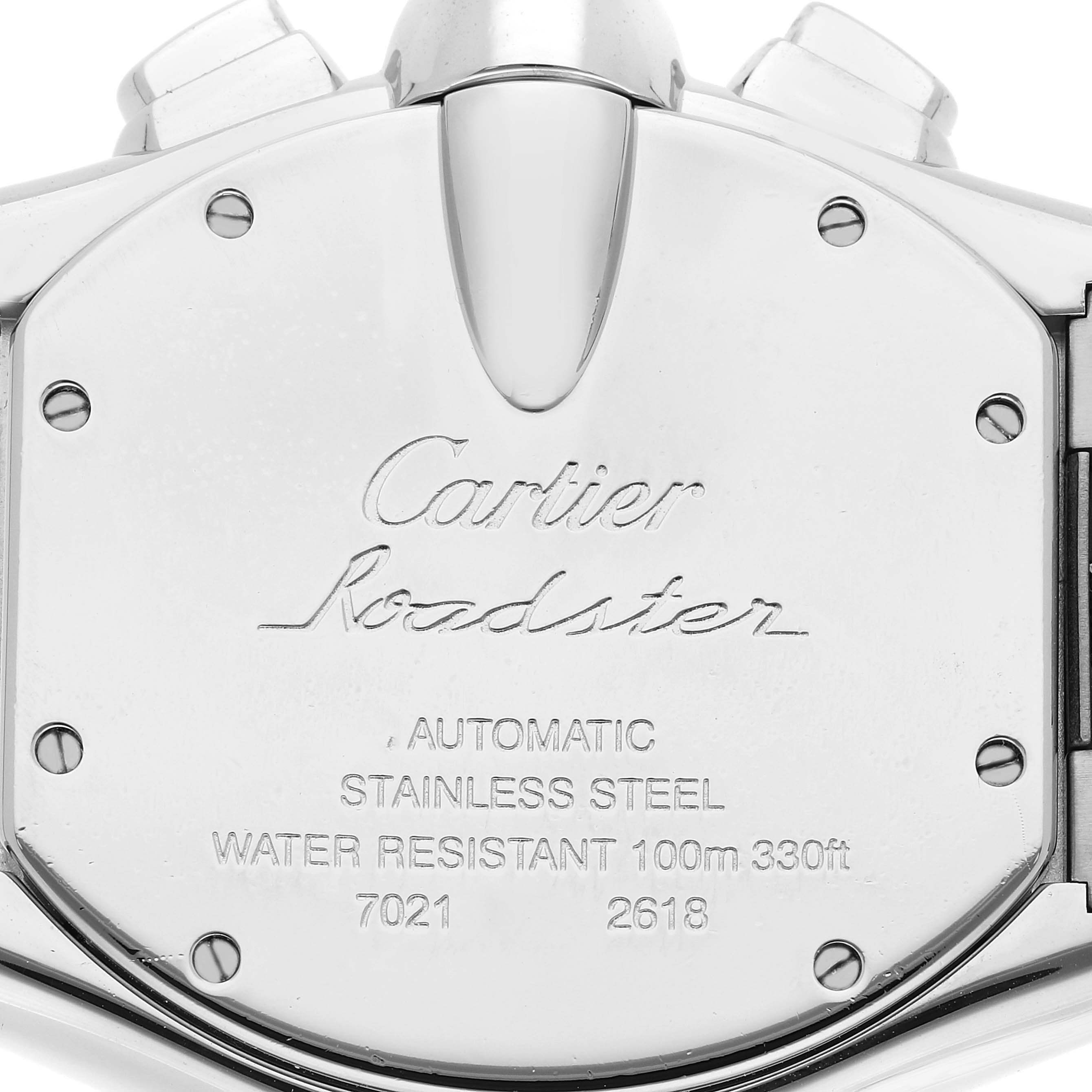 This image shows the back case of a Cartier Roadster W62020X6 Men's Stainless Steel Black Dial W62020X6 Men's Stainless Steel Black Dial watch, highlighting the model, material, and water resistance details.