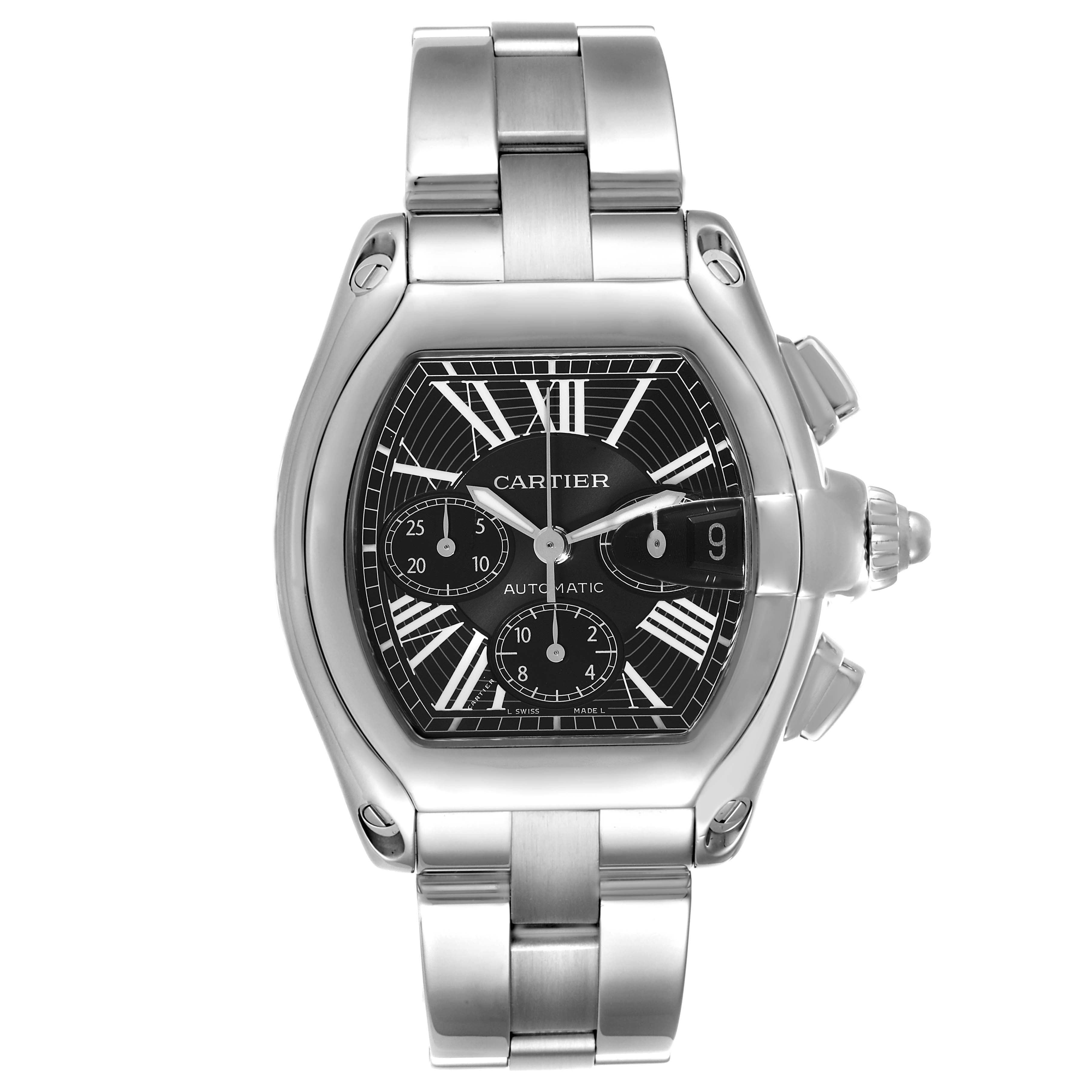 This Cartier Roadster W62020X6 Men's Stainless Steel Black Dial W62020X6 Men's Stainless Steel Black Dial watch is shown from a top view, highlighting its face, bezel, and metal bracelet.