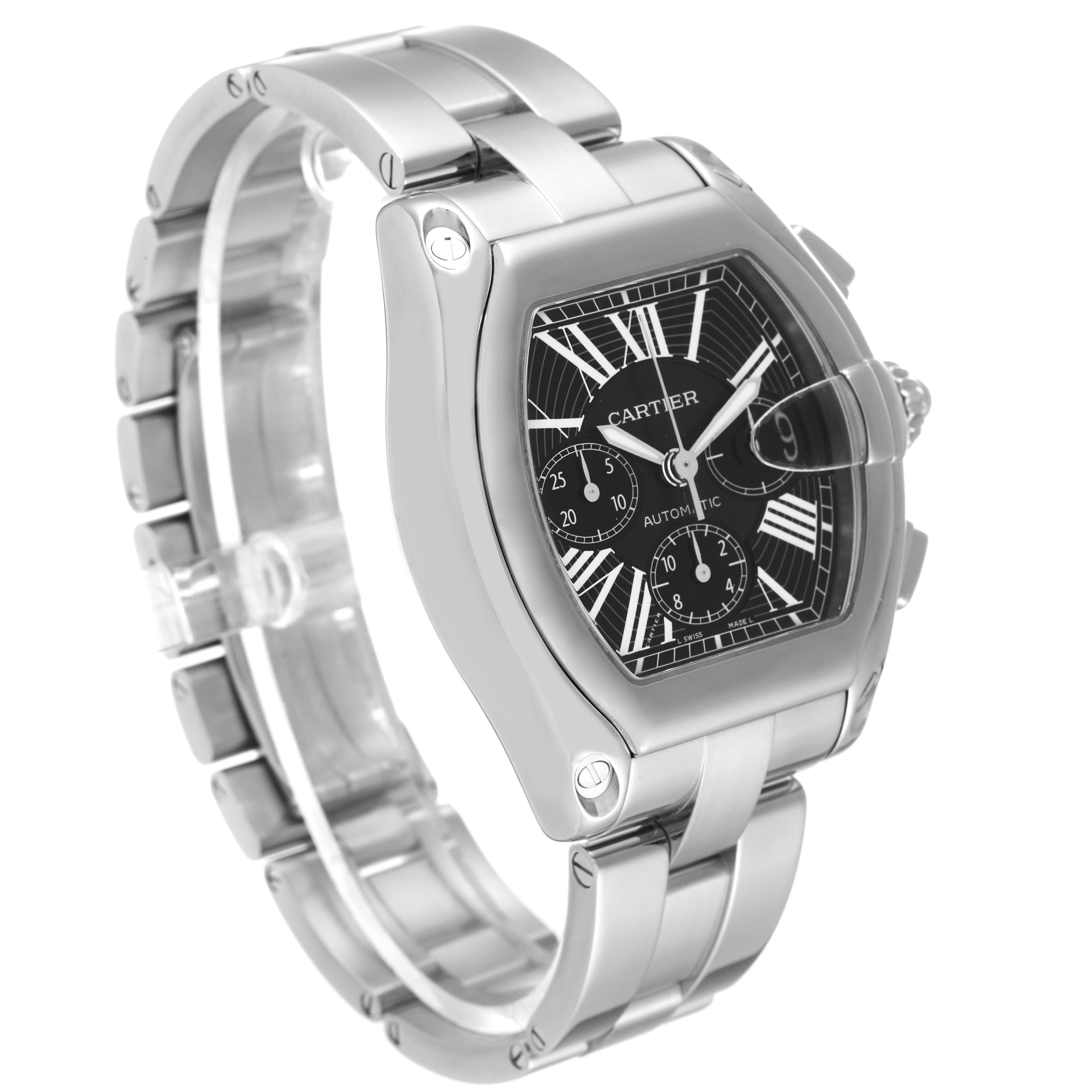 The Cartier Roadster W62020X6 Men's Stainless Steel Black Dial W62020X6 Men's Stainless Steel Black Dial watch is shown at an angle displaying the face, bezel, and bracelet.