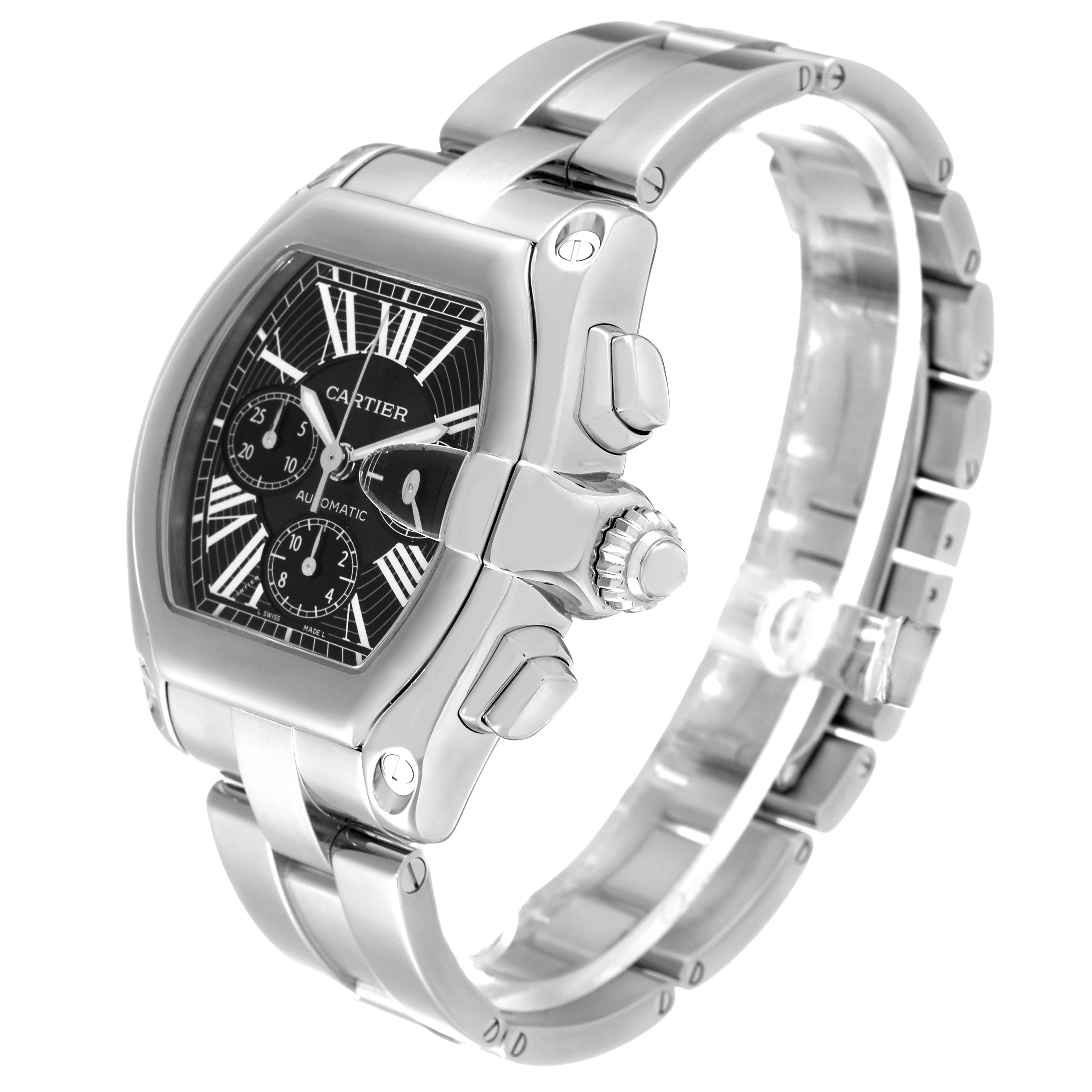The image shows a Cartier Roadster W62020X6 Men's Stainless Steel Black Dial W62020X6 Men's Stainless Steel Black Dial watch at a three-quarter angle, highlighting the face, crown, pushers, and bracelet.