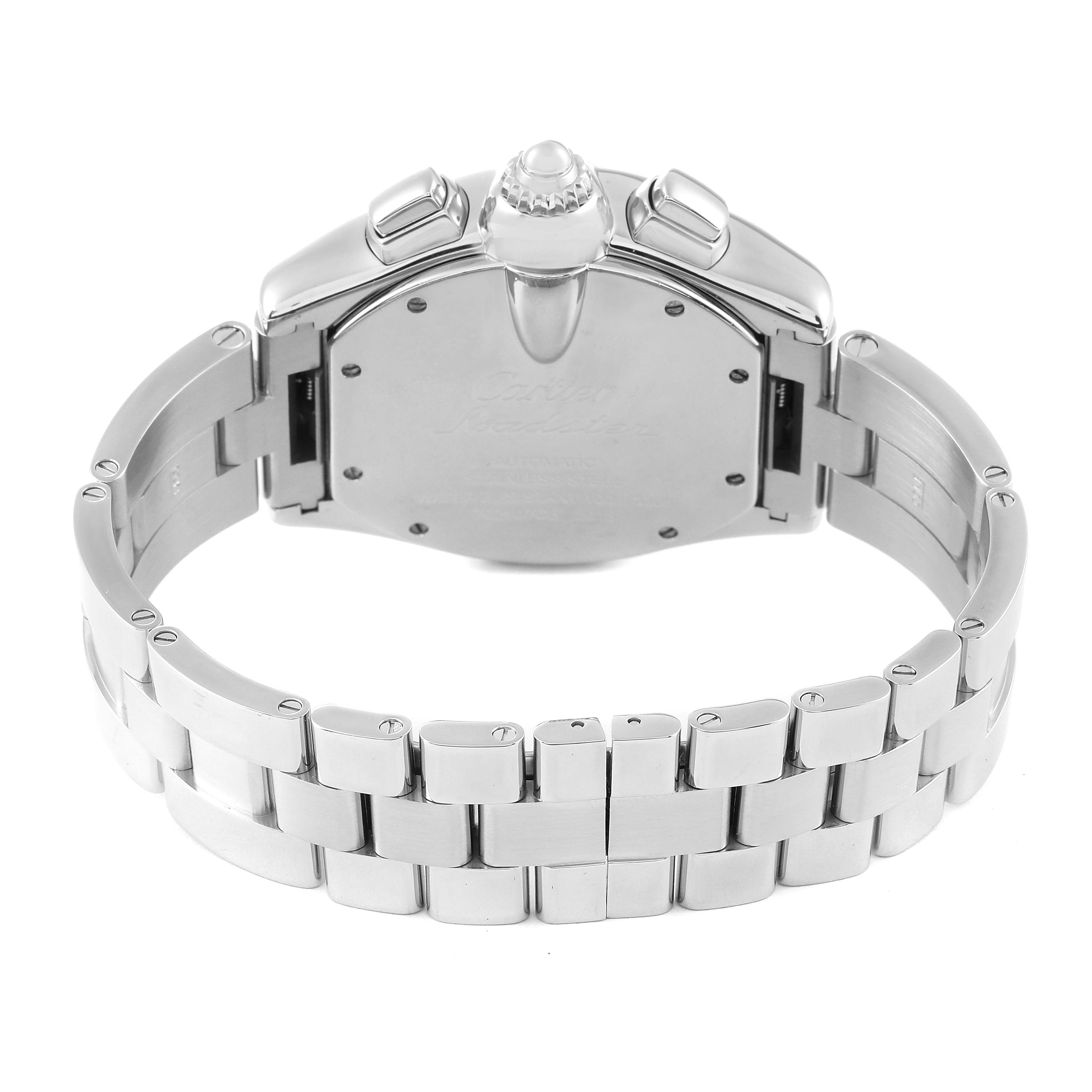 The image shows the back view of a Cartier Roadster W62020X6 Men's Stainless Steel Black Dial W62020X6 Men's Stainless Steel Black Dial watch, highlighting the stainless steel bracelet and case back.