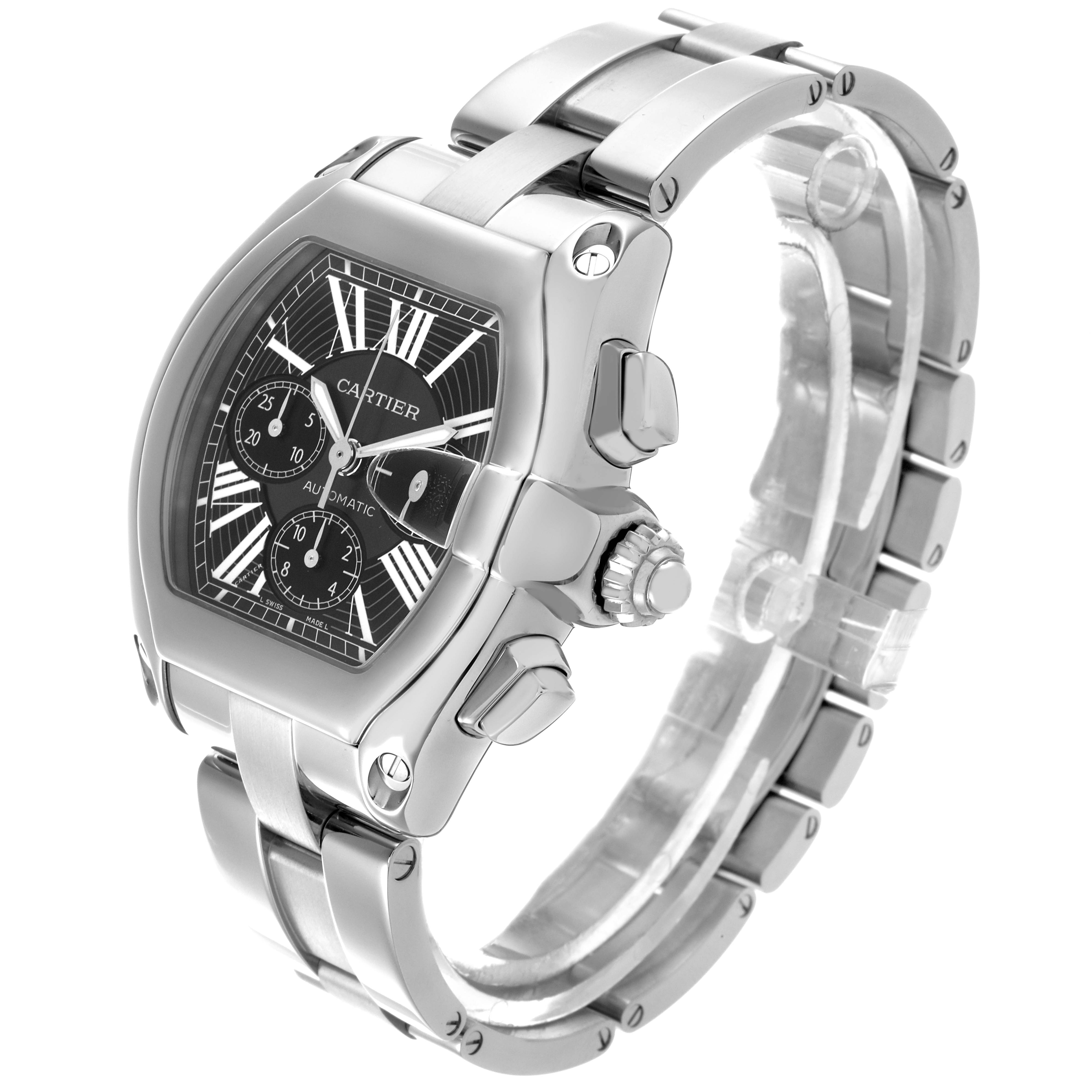 The Cartier Roadster W62020X6 Men's Stainless Steel Black Dial W62020X6 Men's Stainless Steel Black Dial watch is shown at a three-quarter angle, highlighting the case, dial, crown, and bracelet.