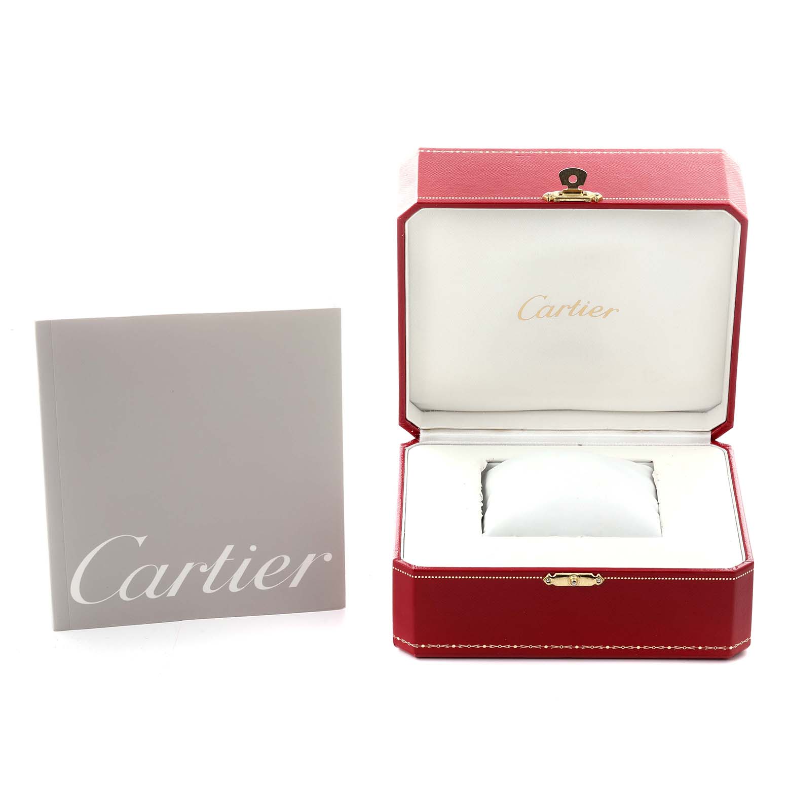 The image shows a Cartier Roadster W62020X6 Men's Stainless Steel Black Dial W62020X6 Men's Stainless Steel Black Dial watch box and manual, with the box open displaying a cushion inside.