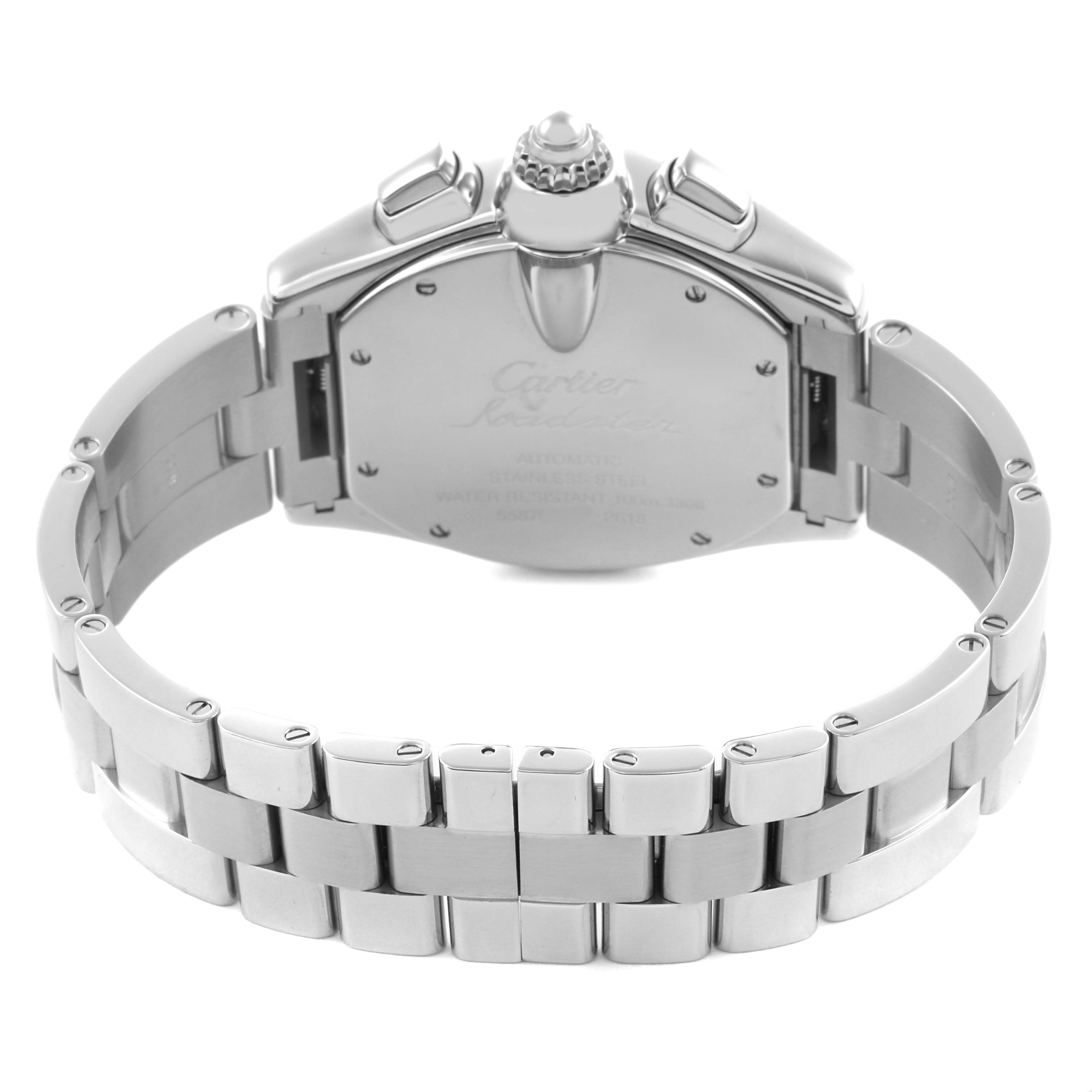 The Cartier Roadster W62020X6 Men's Stainless Steel Black Dial W62020X6 Men's Stainless Steel Black Dial watch is shown from the back, displaying the case back and metal bracelet.