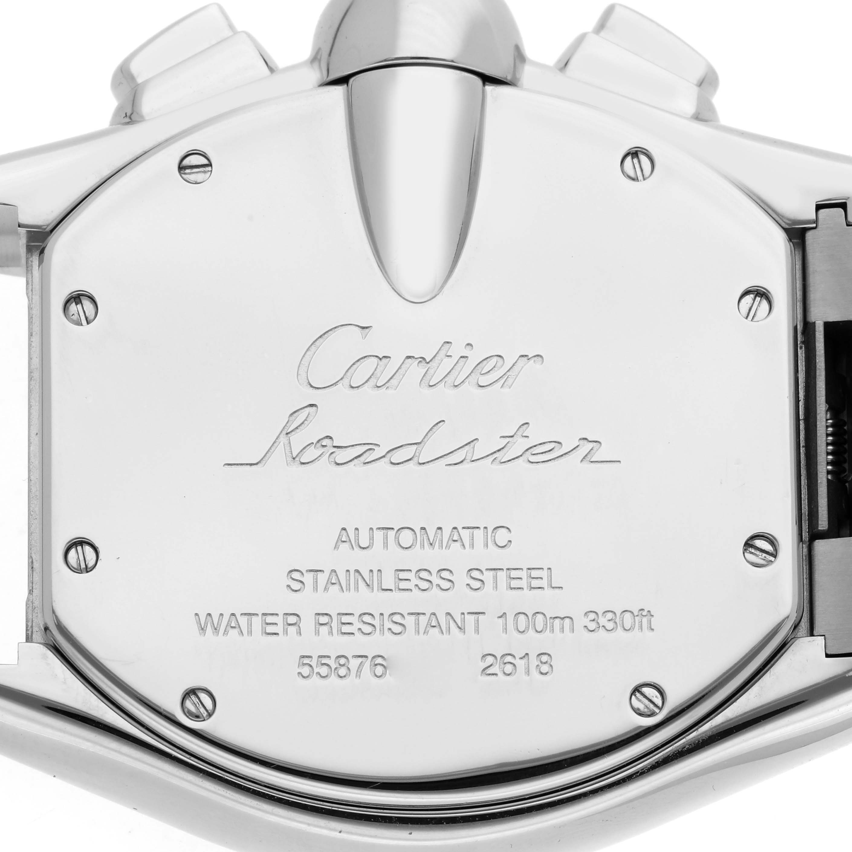 The image shows the back case of a Cartier Roadster W62020X6 Men's Stainless Steel Black Dial W62020X6 Men's Stainless Steel Black Dial watch, displaying engravings and screws.