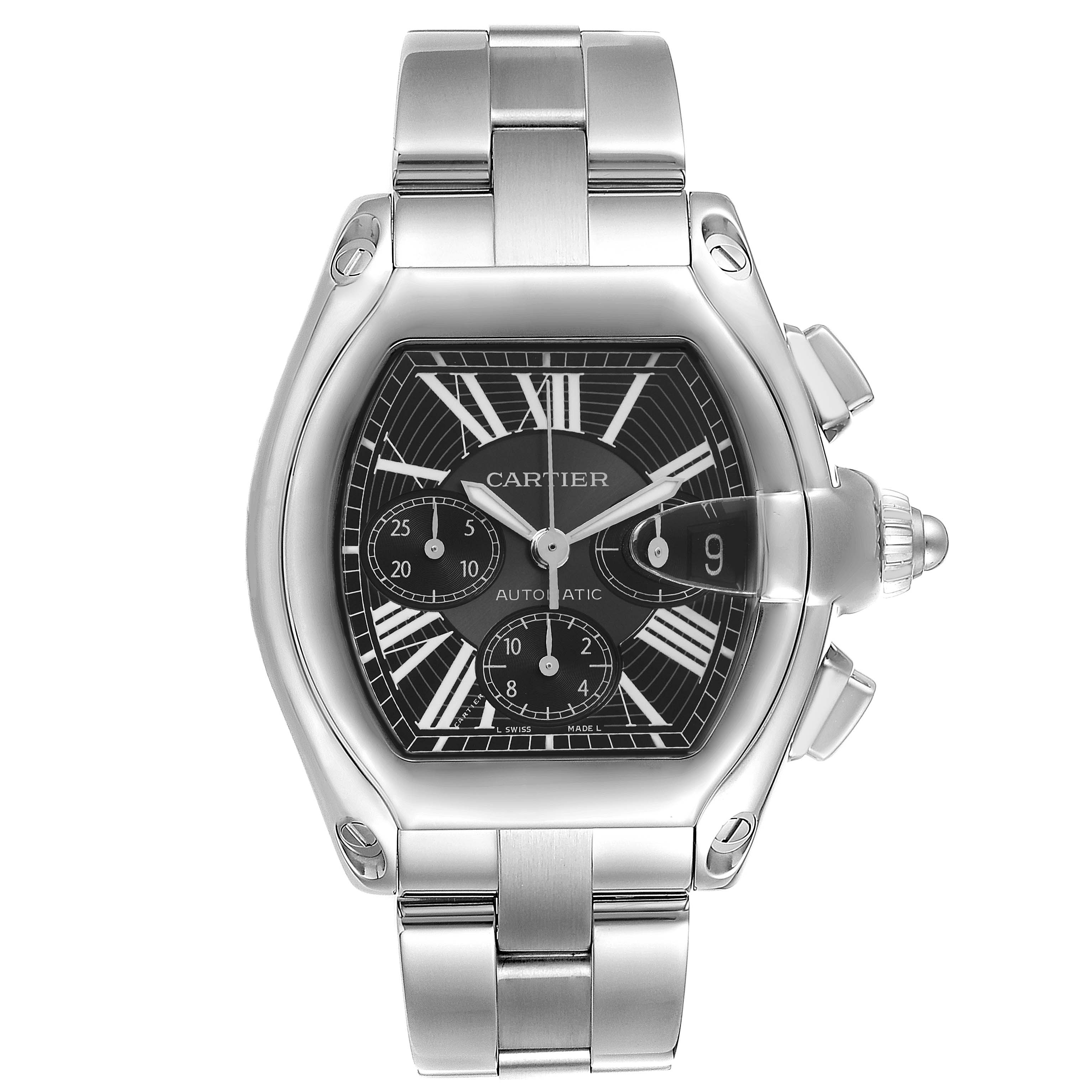 The Cartier Roadster W62020X6 Men's Stainless Steel Black Dial W62020X6 Men's Stainless Steel Black Dial watch is shown from a front angle, displaying the dial, case, and bracelet.