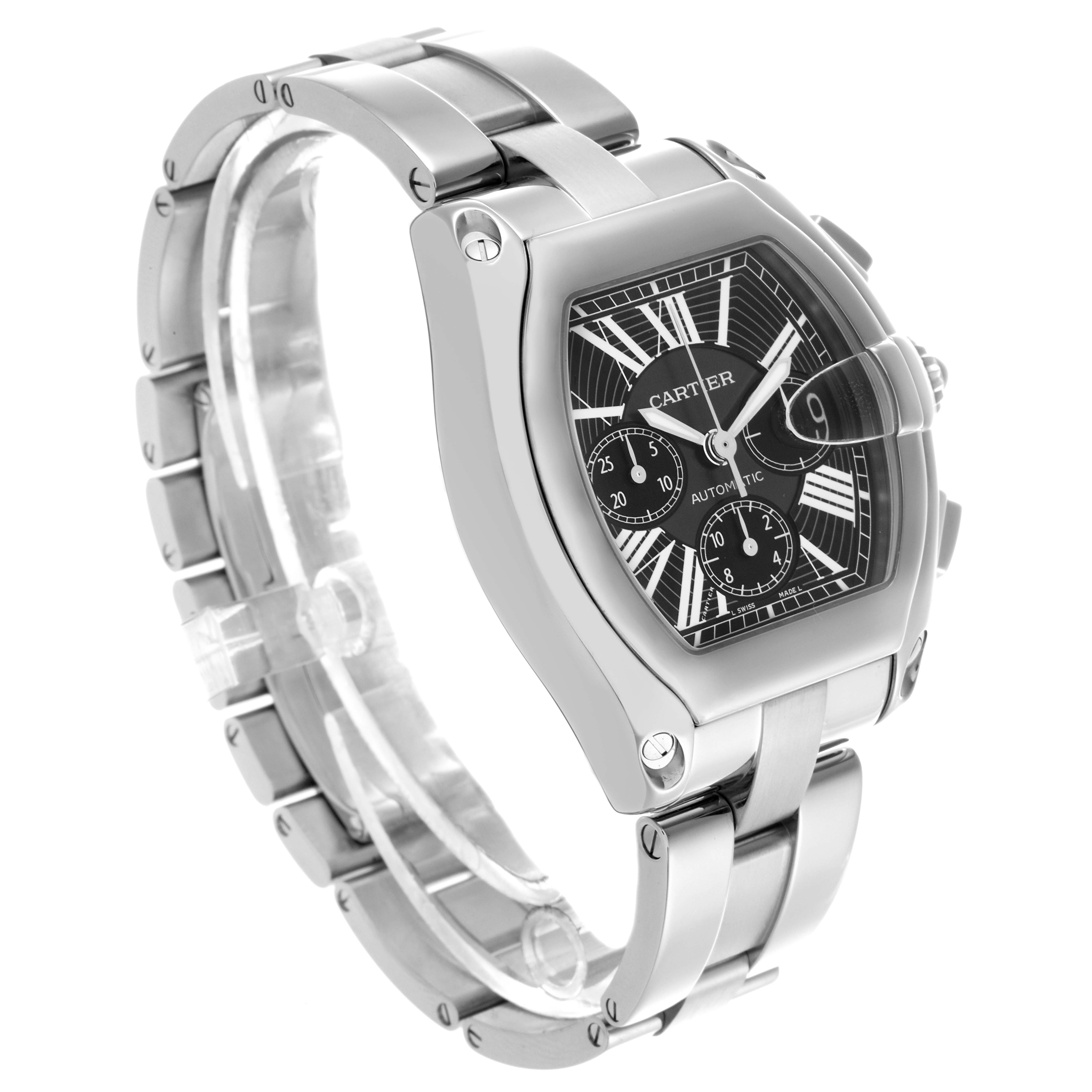 The Cartier Roadster W62020X6 Men's Stainless Steel Black Dial W62020X6 Men's Stainless Steel Black Dial watch is shown at a three-quarter angle, highlighting its case, bracelet, and dial.