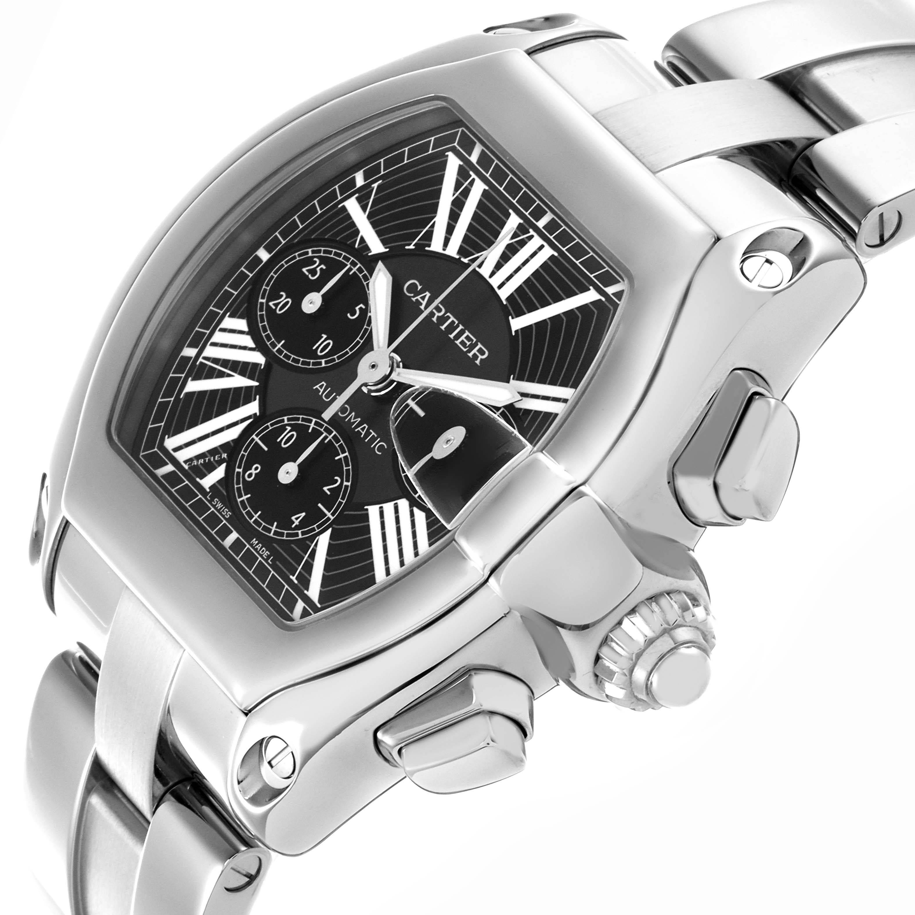 The Cartier Roadster W62020X6 Men's Stainless Steel Black Dial W62020X6 Men's Stainless Steel Black Dial watch is shown at an angled close-up of the dial, bezel, pushers, and part of the bracelet.
