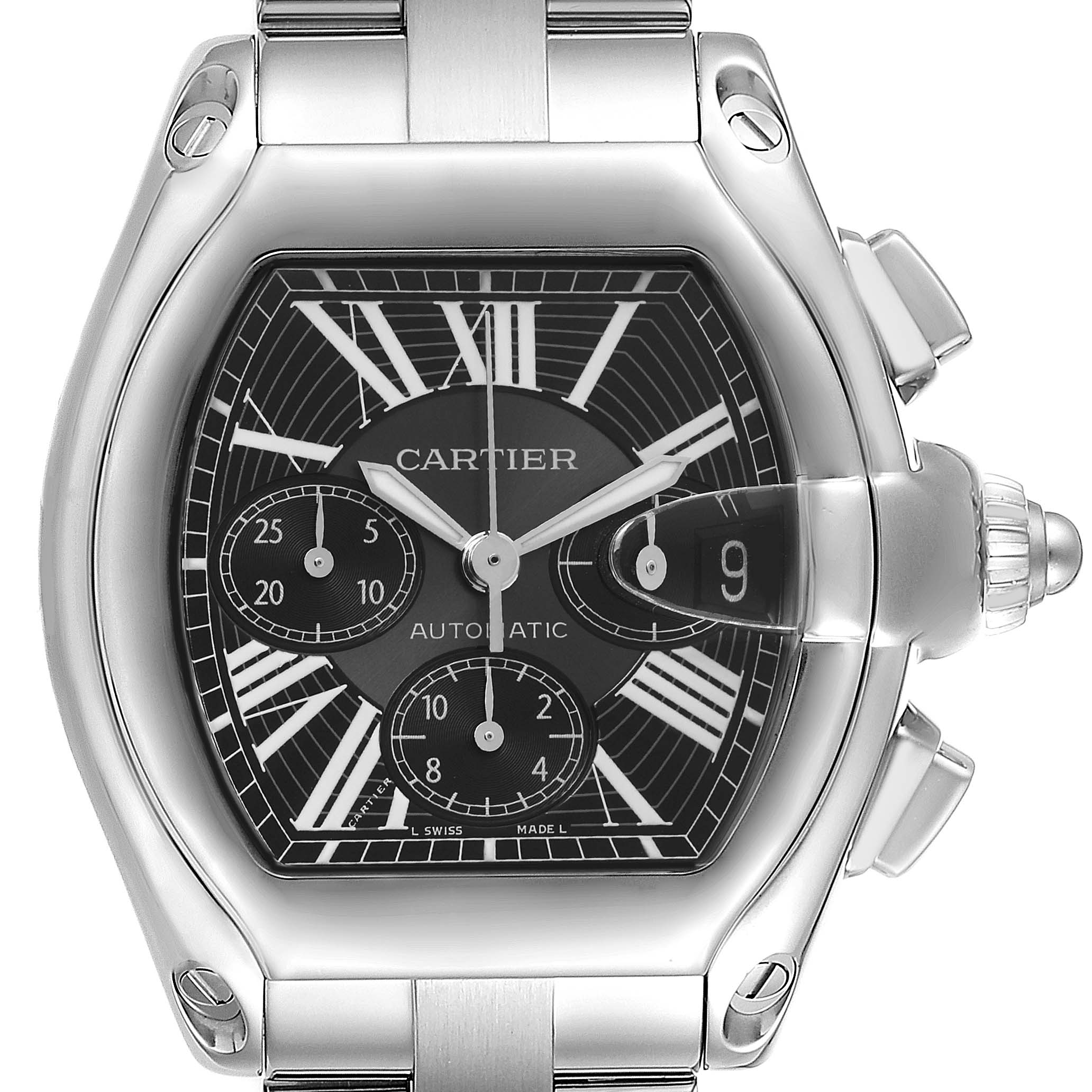 The Cartier Roadster W62020X6 Men's Stainless Steel Black Dial W62020X6 Men's Stainless Steel Black Dial watch is shown from the front, displaying its dial, crown, and part of the metal bracelet.