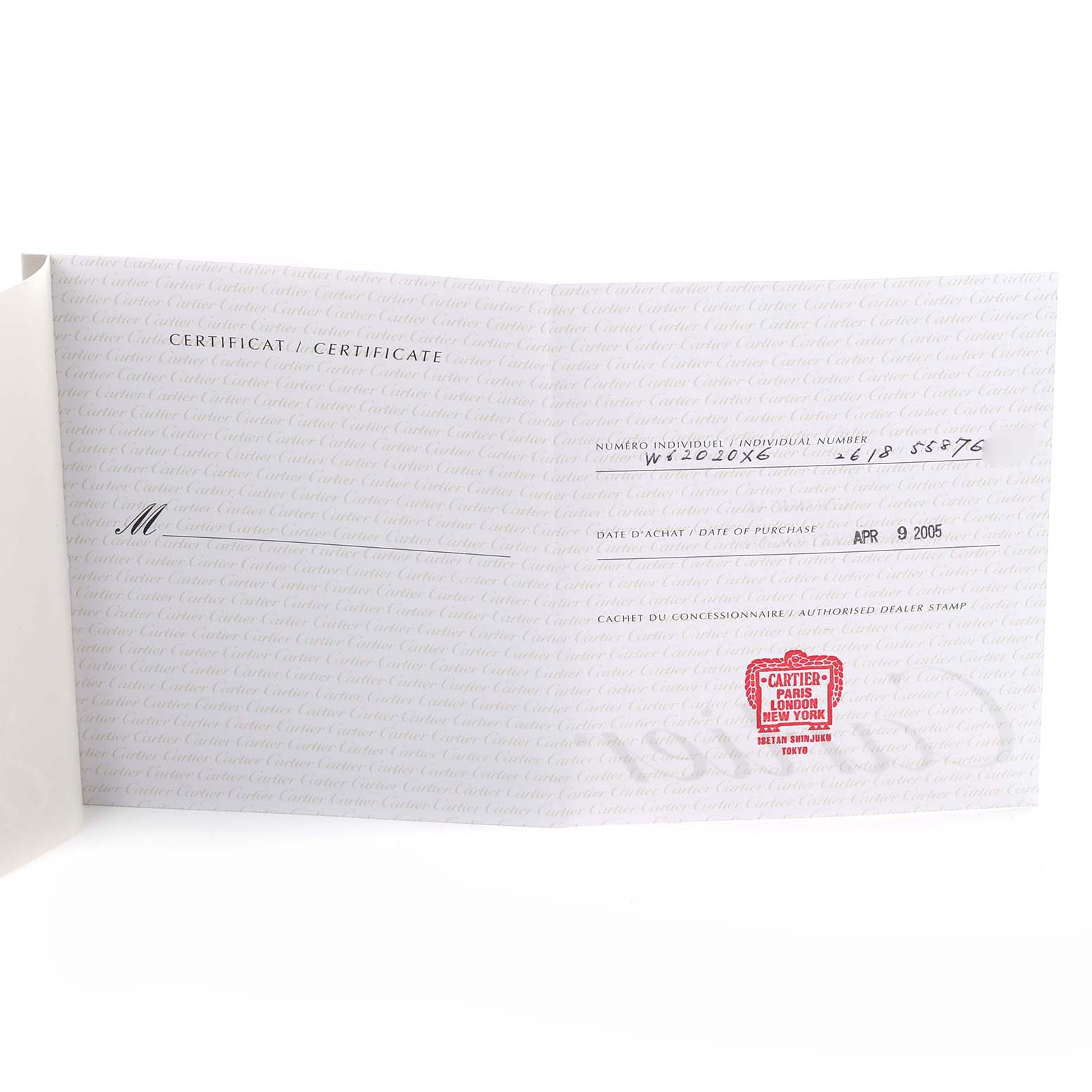 The image shows an open Cartier Roadster W62020X6 Men's Stainless Steel Black Dial W62020X6 Men's Stainless Steel Black Dial watch certificate, featuring purchase details and a dealer stamp.