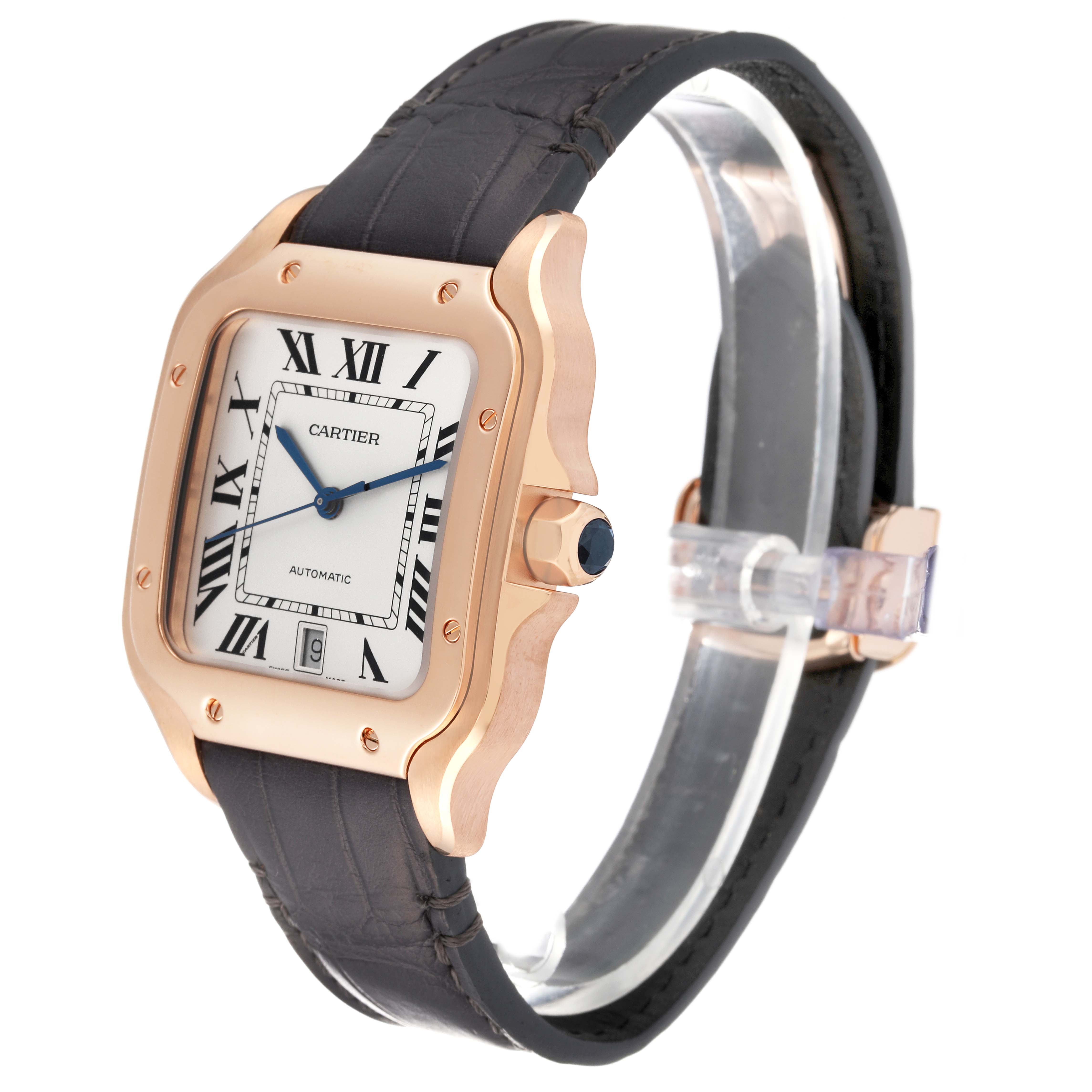 The Cartier Santos WGSA0019 Men
s Rose Gold Silver Dial WGSA0019 Men
s Rose Gold Silver Dial watch is shown at a 3/4 angle, displaying its face, case, crown, and part of the strap.