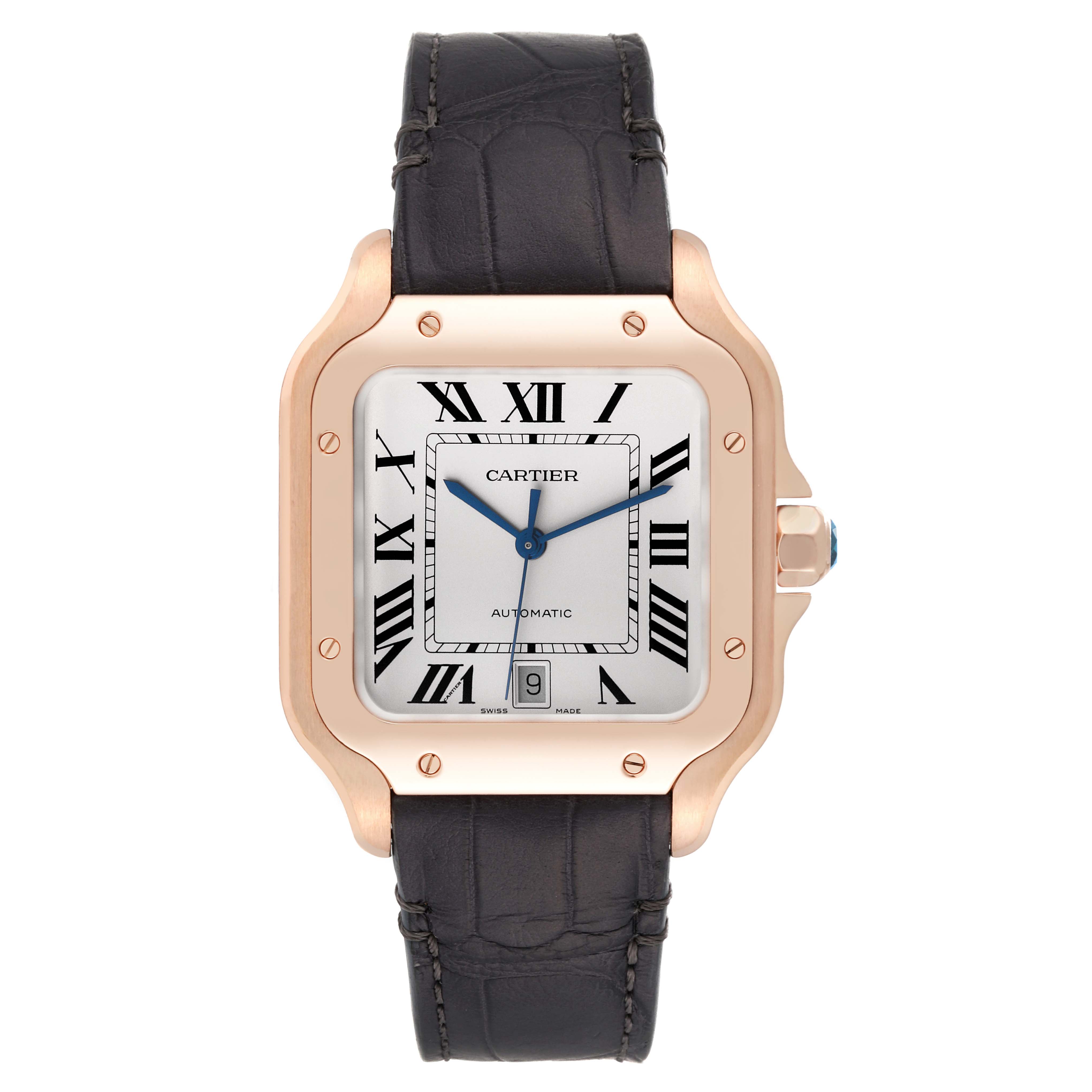 This image shows a frontal view of a Cartier Santos WGSA0019 Men
s Rose Gold Silver Dial WGSA0019 Men
s Rose Gold Silver Dial watch, featuring a leather strap and a gold case with a white dial.