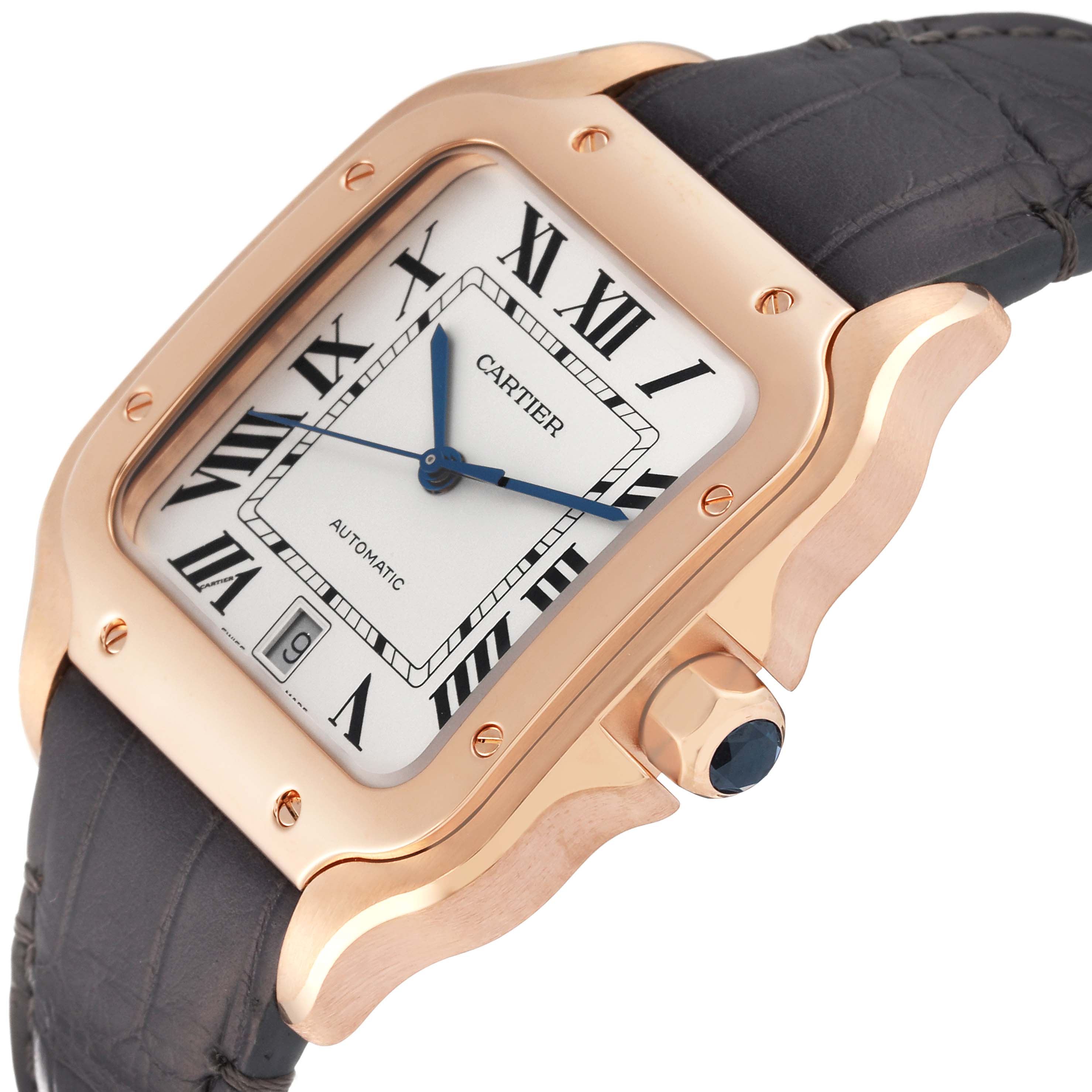 The image shows a Cartier Santos WGSA0019 Men
s Rose Gold Silver Dial WGSA0019 Men
s Rose Gold Silver Dial watch at an oblique angle, highlighting the dial, bezel, crown, and leather strap.
