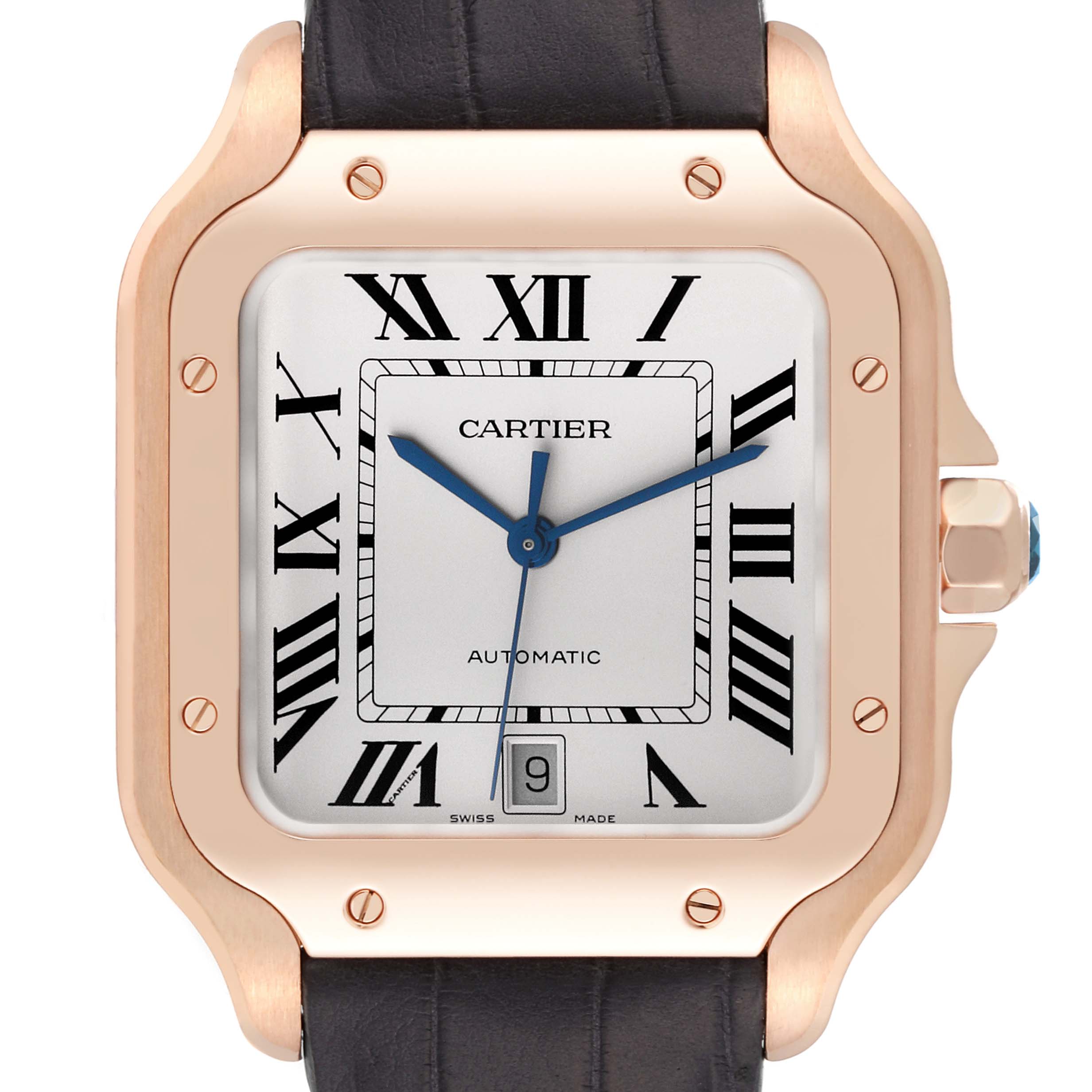 This image shows a close-up frontal view of the Cartier Santos WGSA0019 Men
s Rose Gold Silver Dial WGSA0019 Men
s Rose Gold Silver Dial watch, highlighting the dial, hands, and crown.