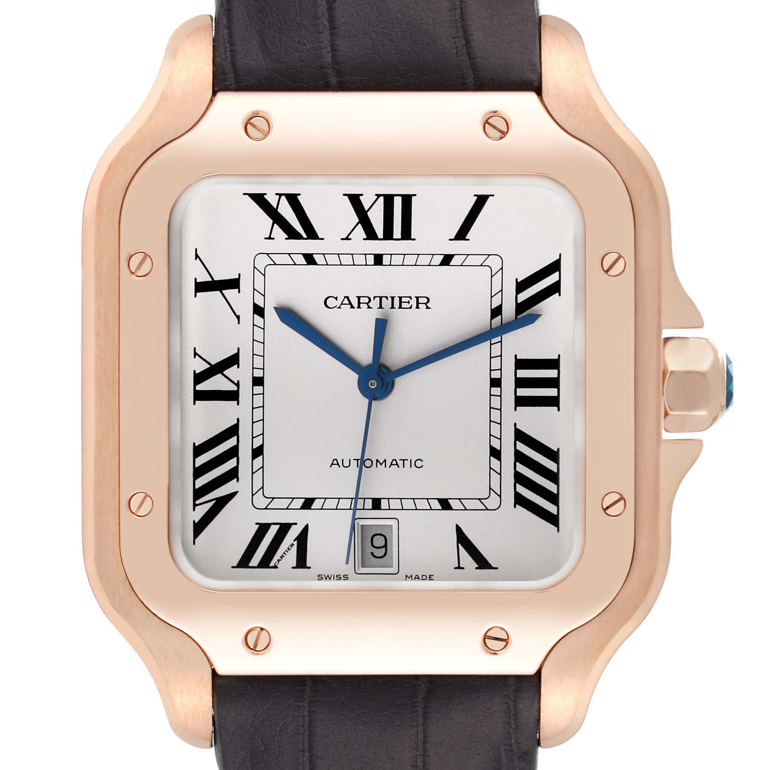 Cartier Santos Large Rose Gold Grey Strap Mens Watch