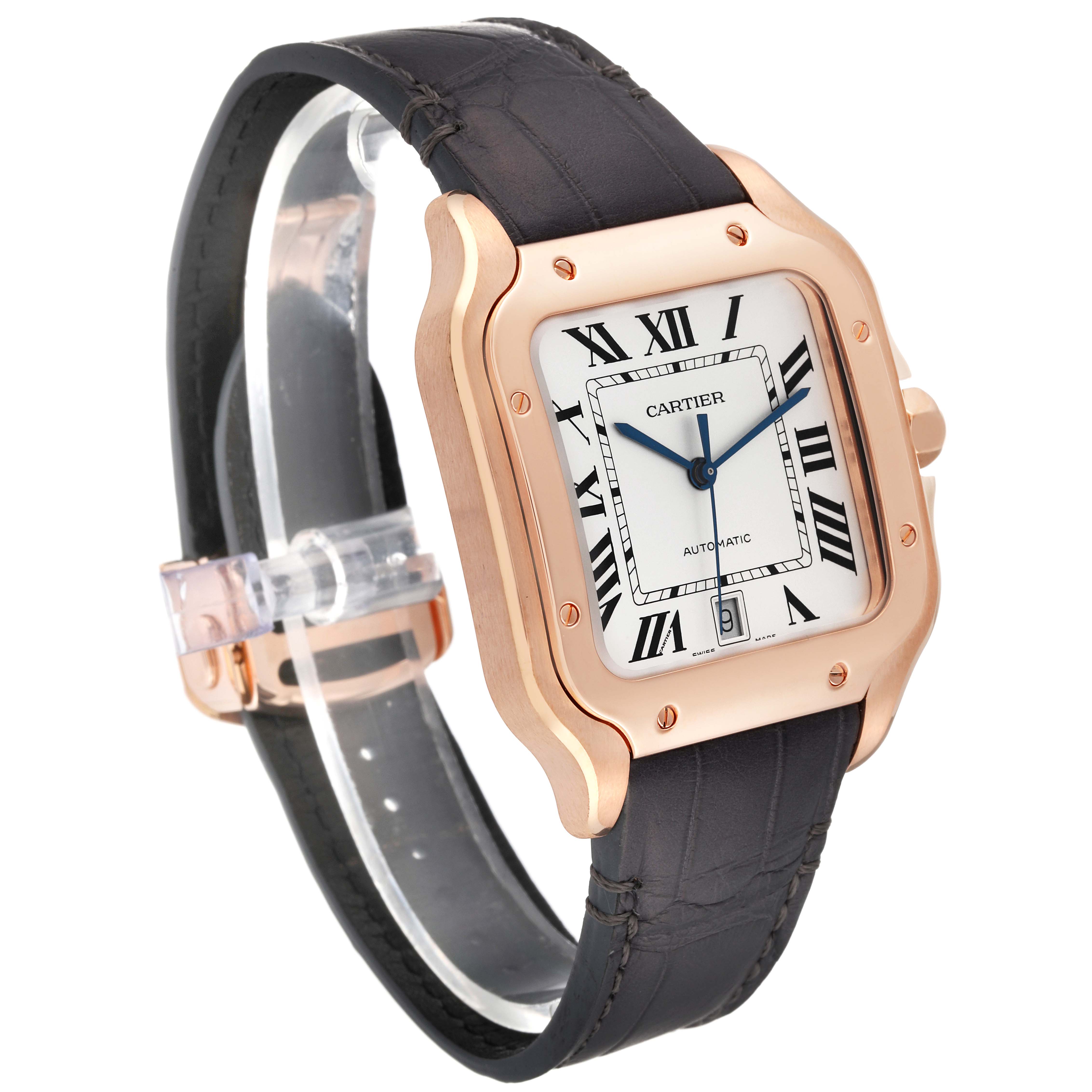 This image shows the Cartier Santos WGSA0019 Men
s Rose Gold Silver Dial WGSA0019 Men
s Rose Gold Silver Dial watch from an angled side view, highlighting its face, case, and leather strap.