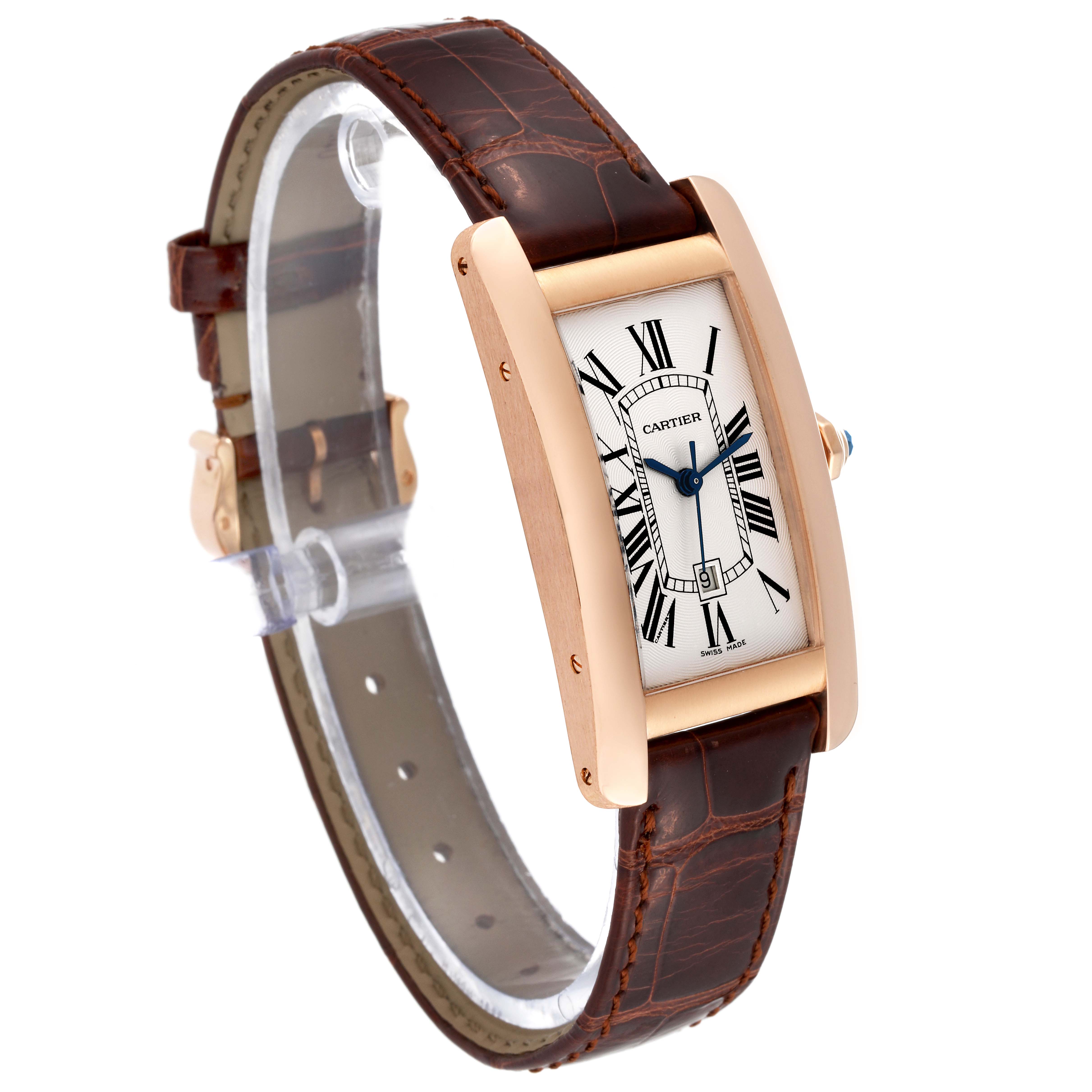 This Cartier Tank Americaine W2620030 Women
s Rose Gold Silver Dial W2620030 Women
s Rose Gold Silver Dial watch is shown from a slight angle, displaying the face, case, and leather strap.