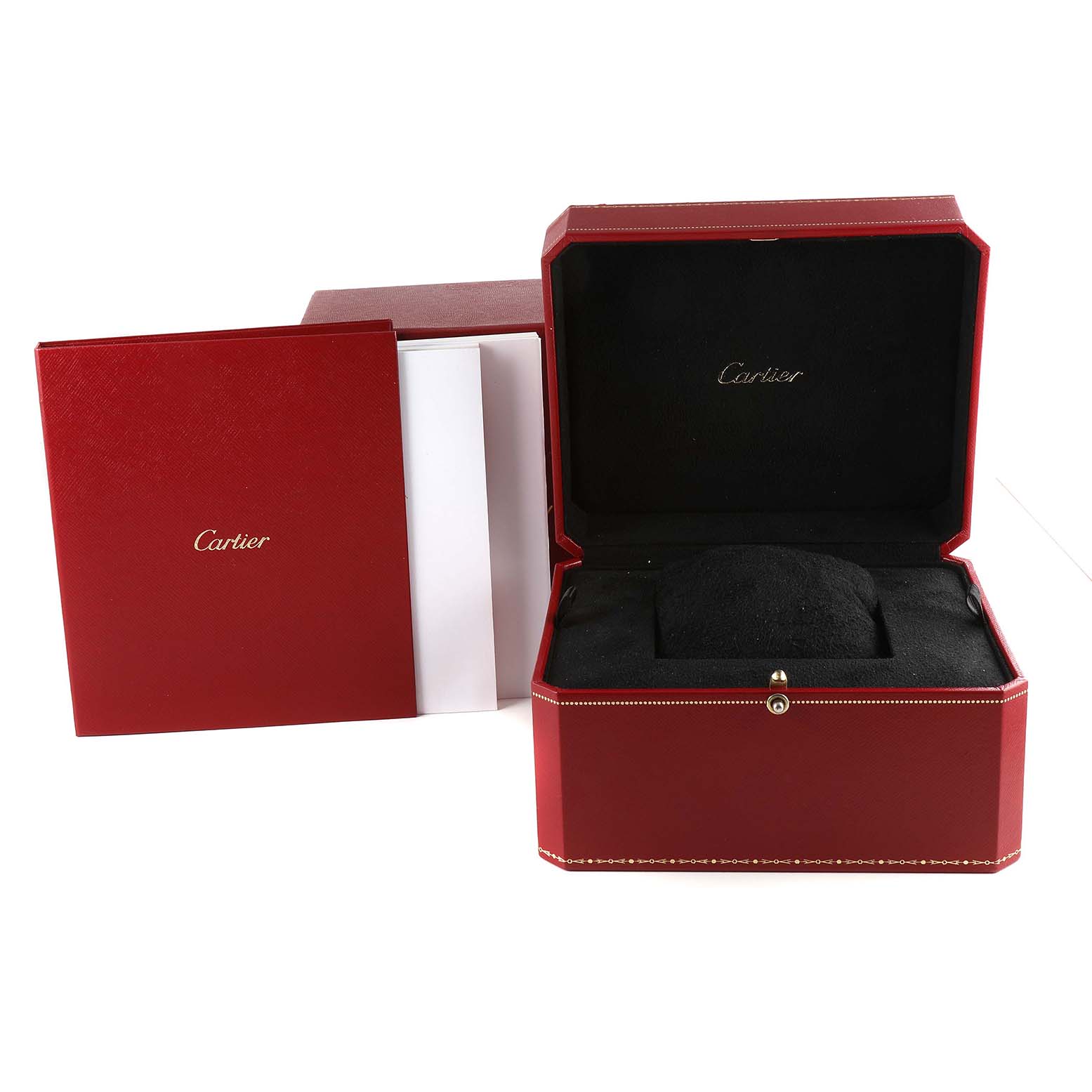 The image shows a Cartier Tank Américaine watch box and packaging, including an open red box and an outer red cover.