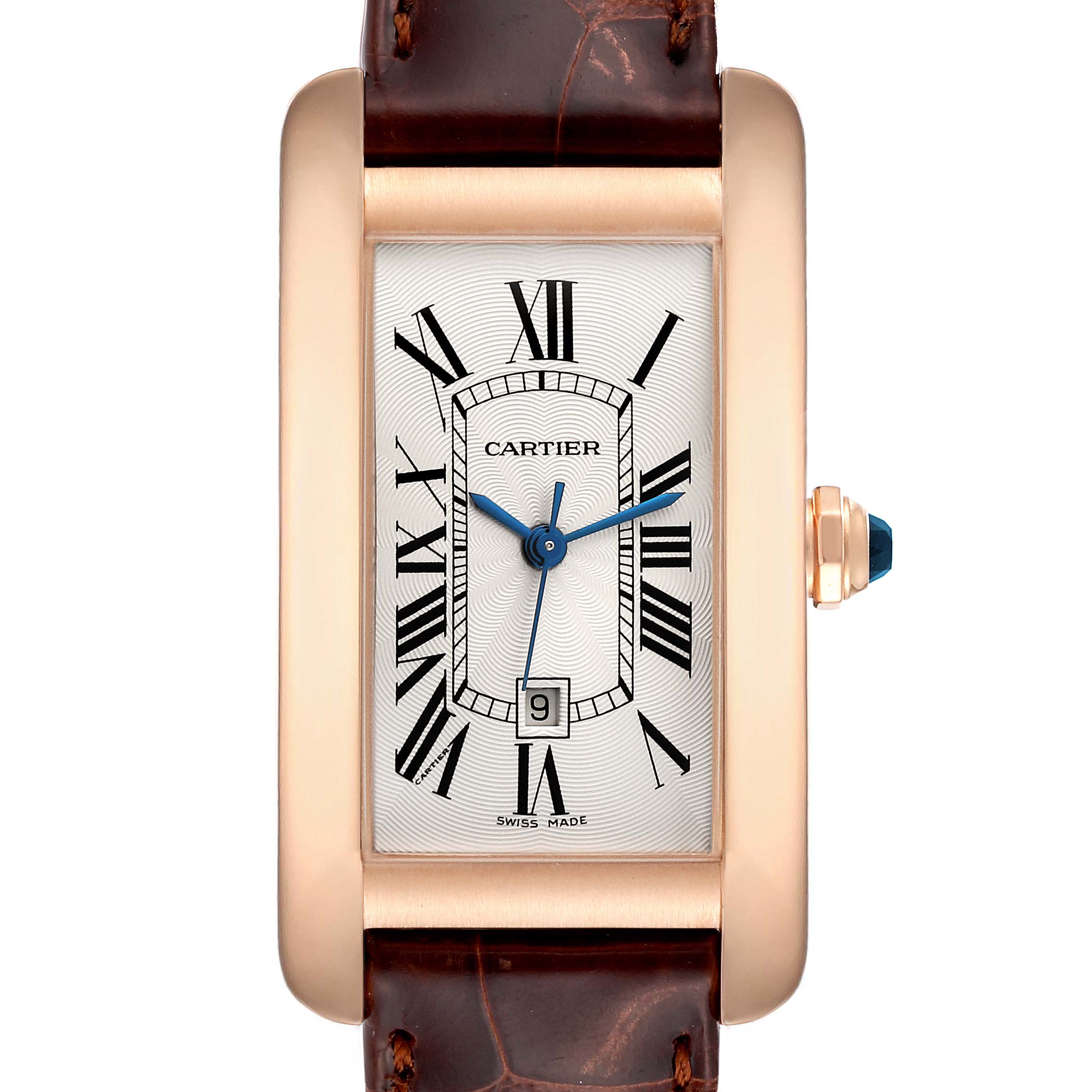 The Cartier Tank Americaine W2620030 Women
s Rose Gold Silver Dial W2620030 Women
s Rose Gold Silver Dial watch is shown from a top-down angle, displaying its rectangular face, Roman numerals, and leather strap.