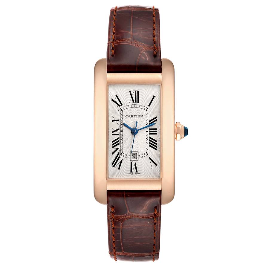 The image shows a frontal view of the Cartier Tank Americaine watch, highlighting its rectangular face, brown leather strap, and blue hands.