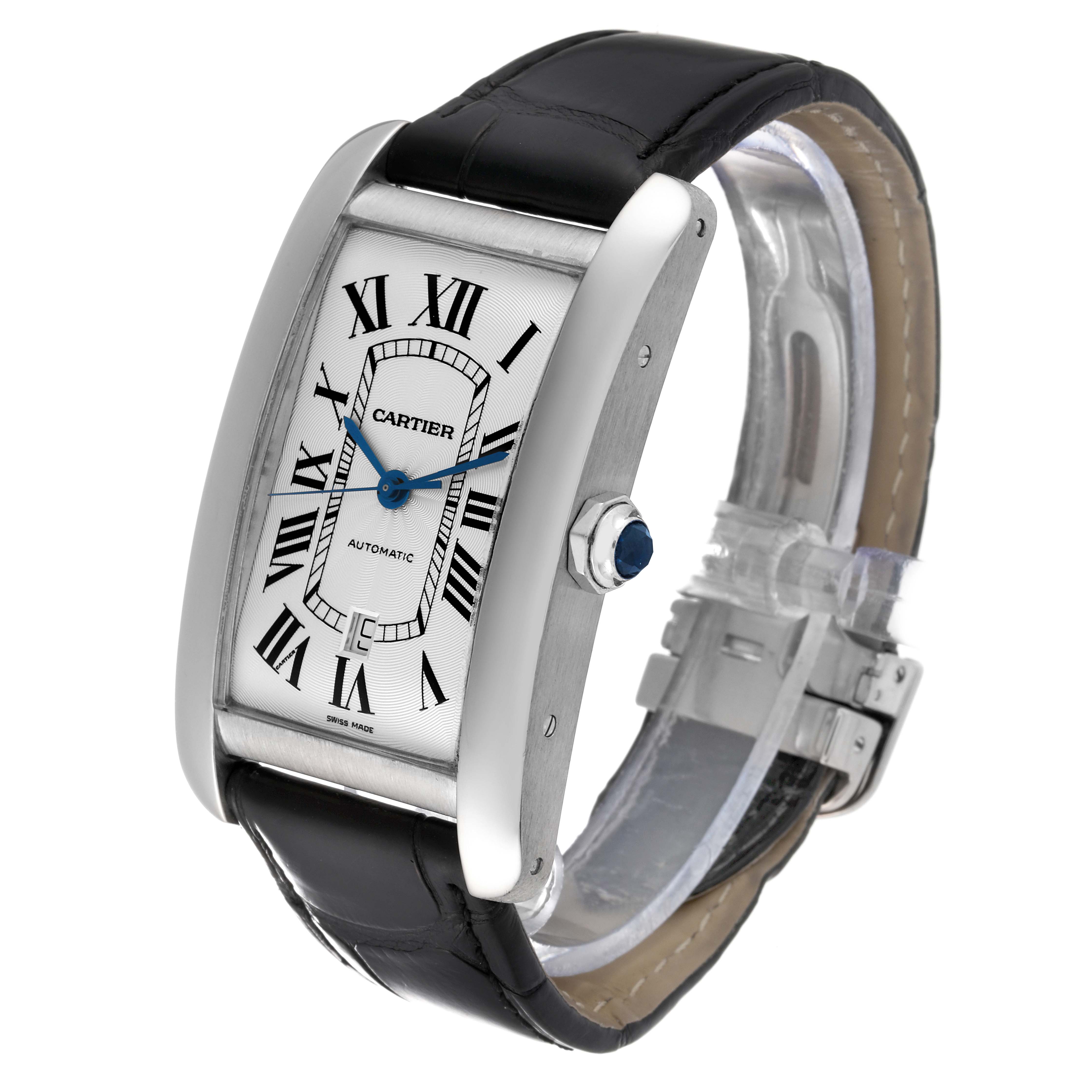 The image shows a Cartier Tank Americaine W2609956 Men's White Gold Silver Dial W2609956 Men's White Gold Silver Dial watch at an oblique angle, highlighting the face, strap, and crown with a blue cabochon.