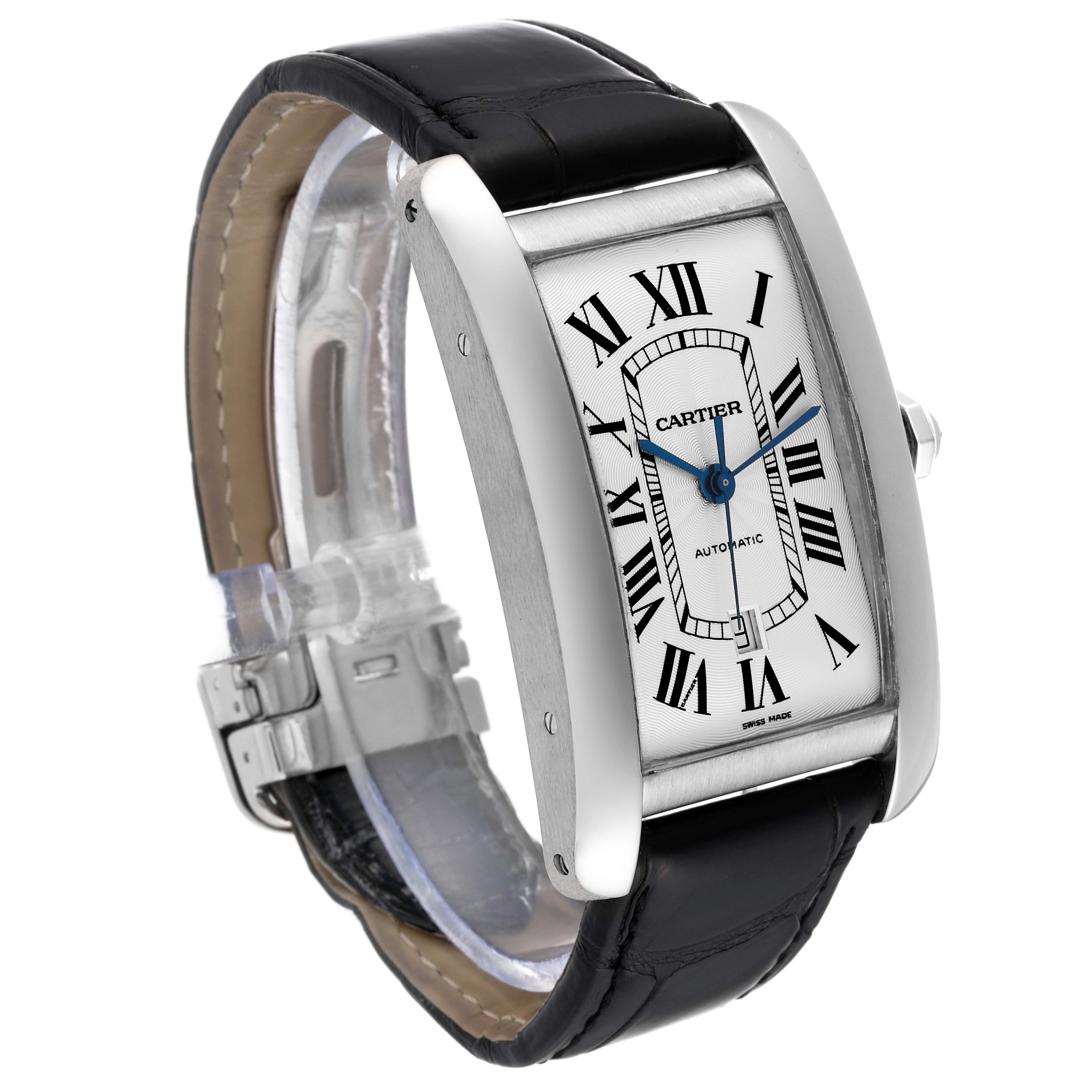 The image shows a side and front angle of the Cartier Tank Americaine W2609956 Men's White Gold Silver Dial W2609956 Men's White Gold Silver Dial watch, displaying its face, bezel, and leather strap.