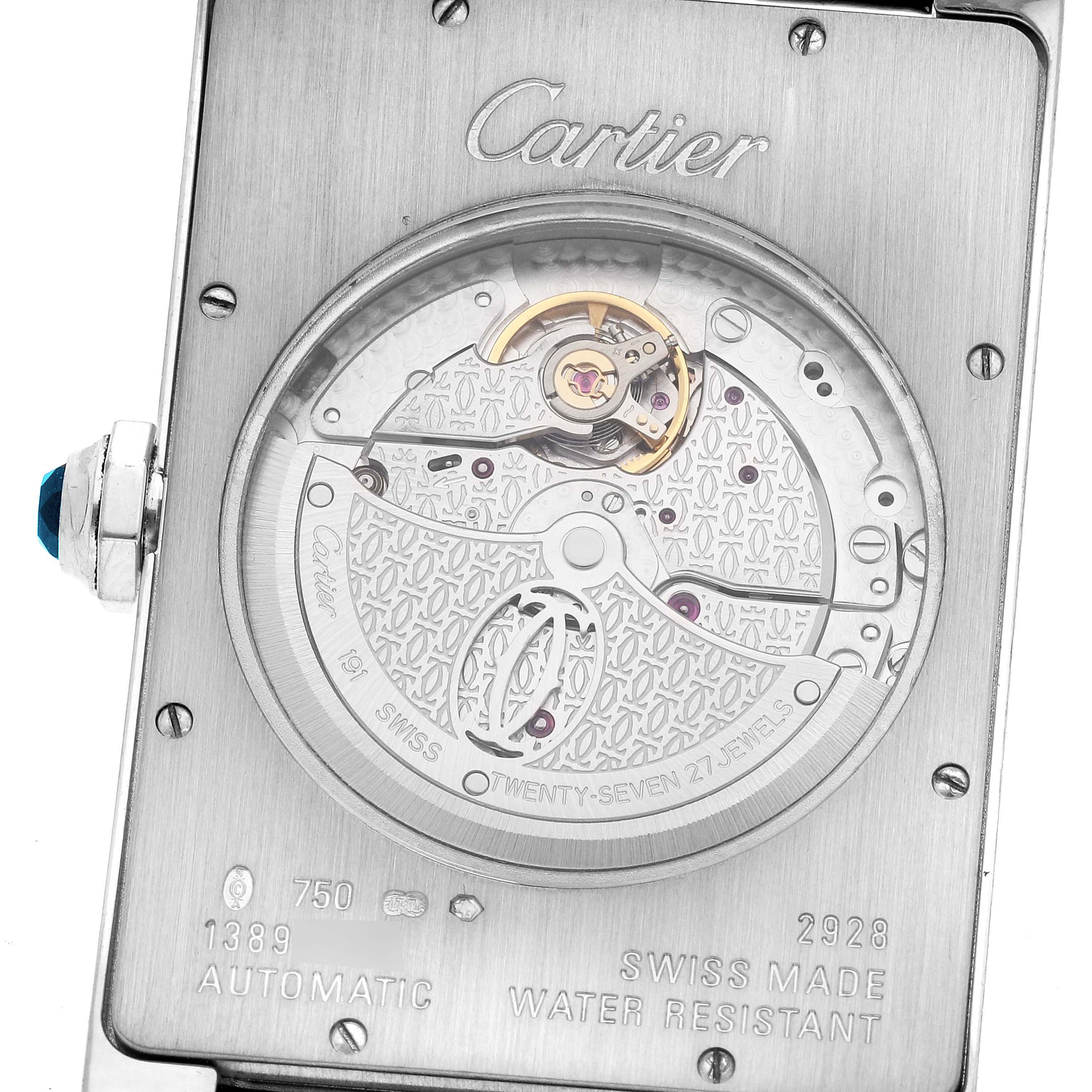 The image shows the back of the Cartier Tank Americaine W2609956 Men's White Gold Silver Dial W2609956 Men's White Gold Silver Dial watch, displaying its automatic movement and inner mechanism.