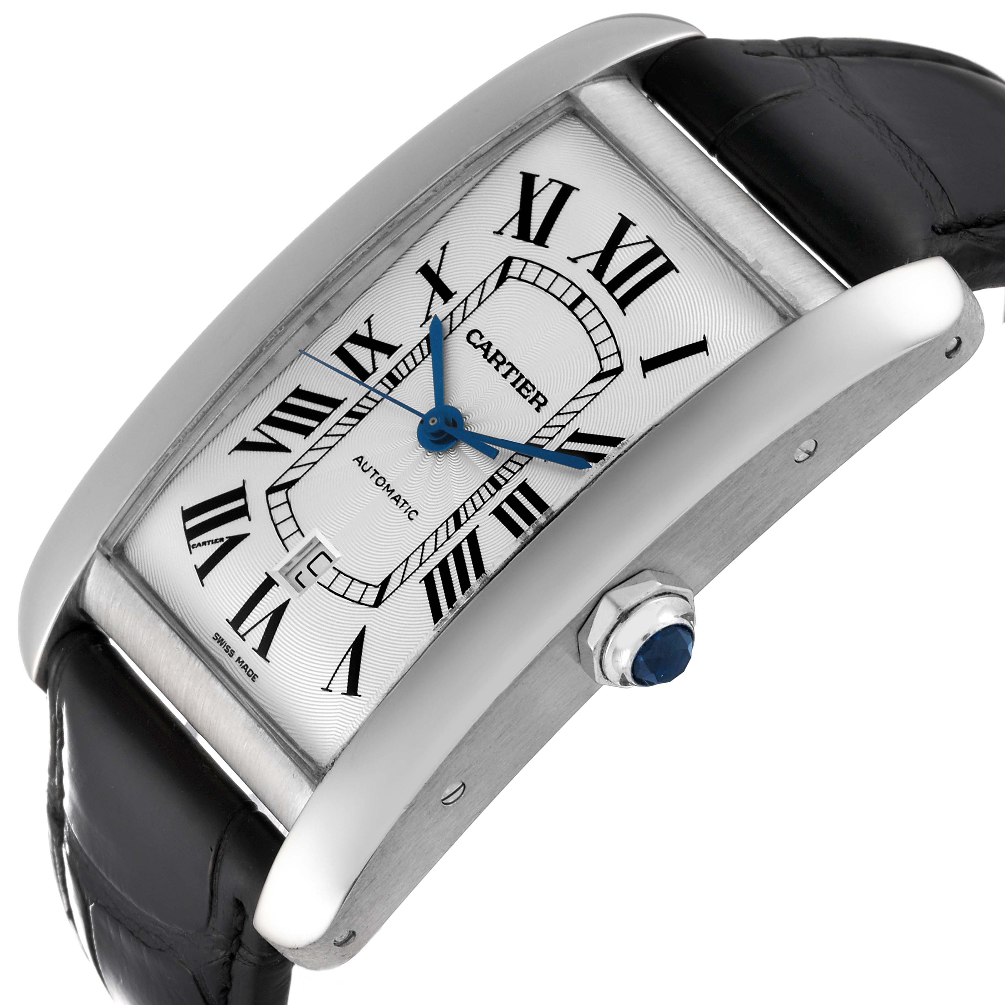 The image shows a close-up, angled view of the Cartier Tank Americaine W2609956 Men's White Gold Silver Dial W2609956 Men's White Gold Silver Dial watch, highlighting its face, crown, and strap.