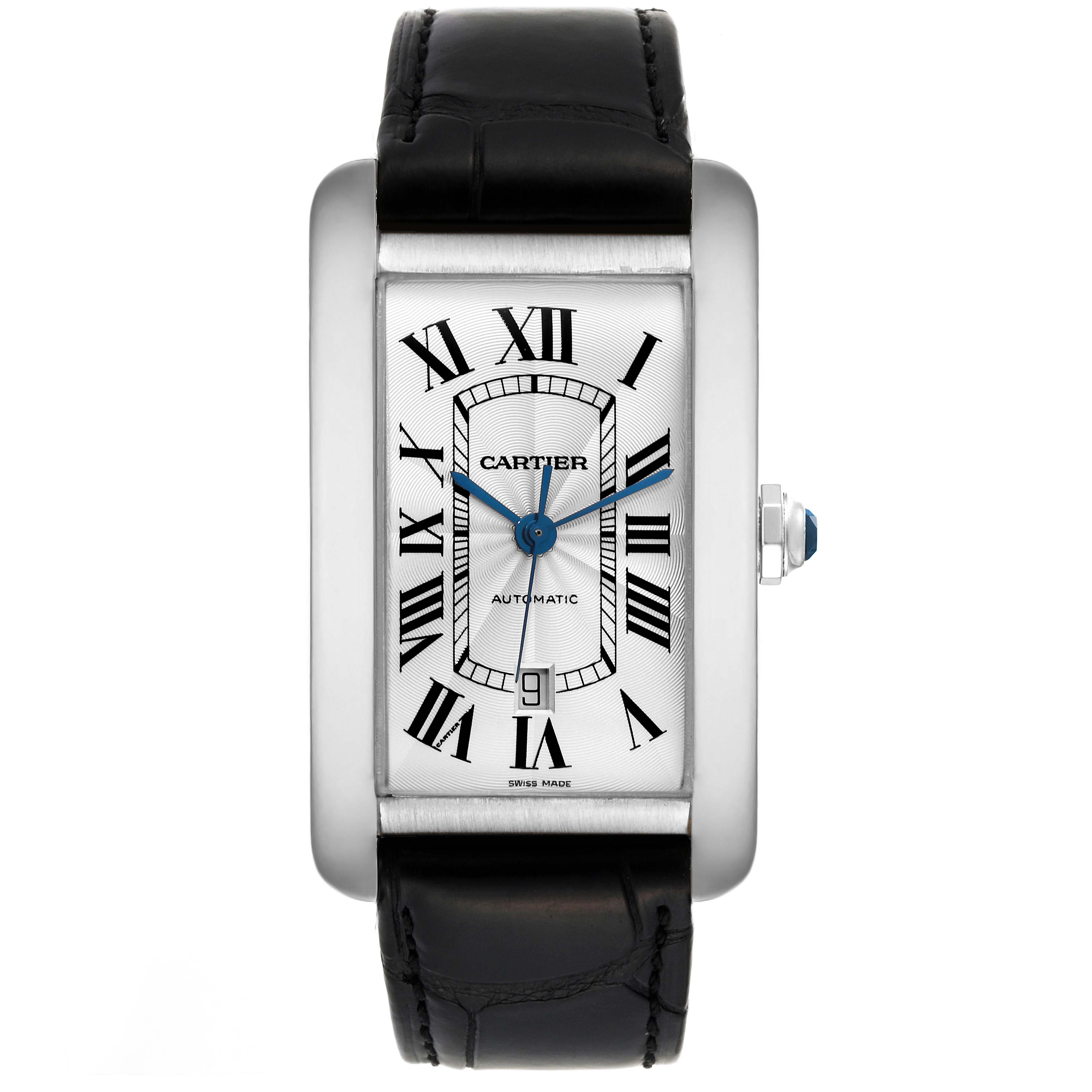 This image shows a front view of the Cartier Tank Americaine W2609956 Men's White Gold Silver Dial W2609956 Men's White Gold Silver Dial watch, highlighting its rectangular face, Roman numerals, and black leather strap.