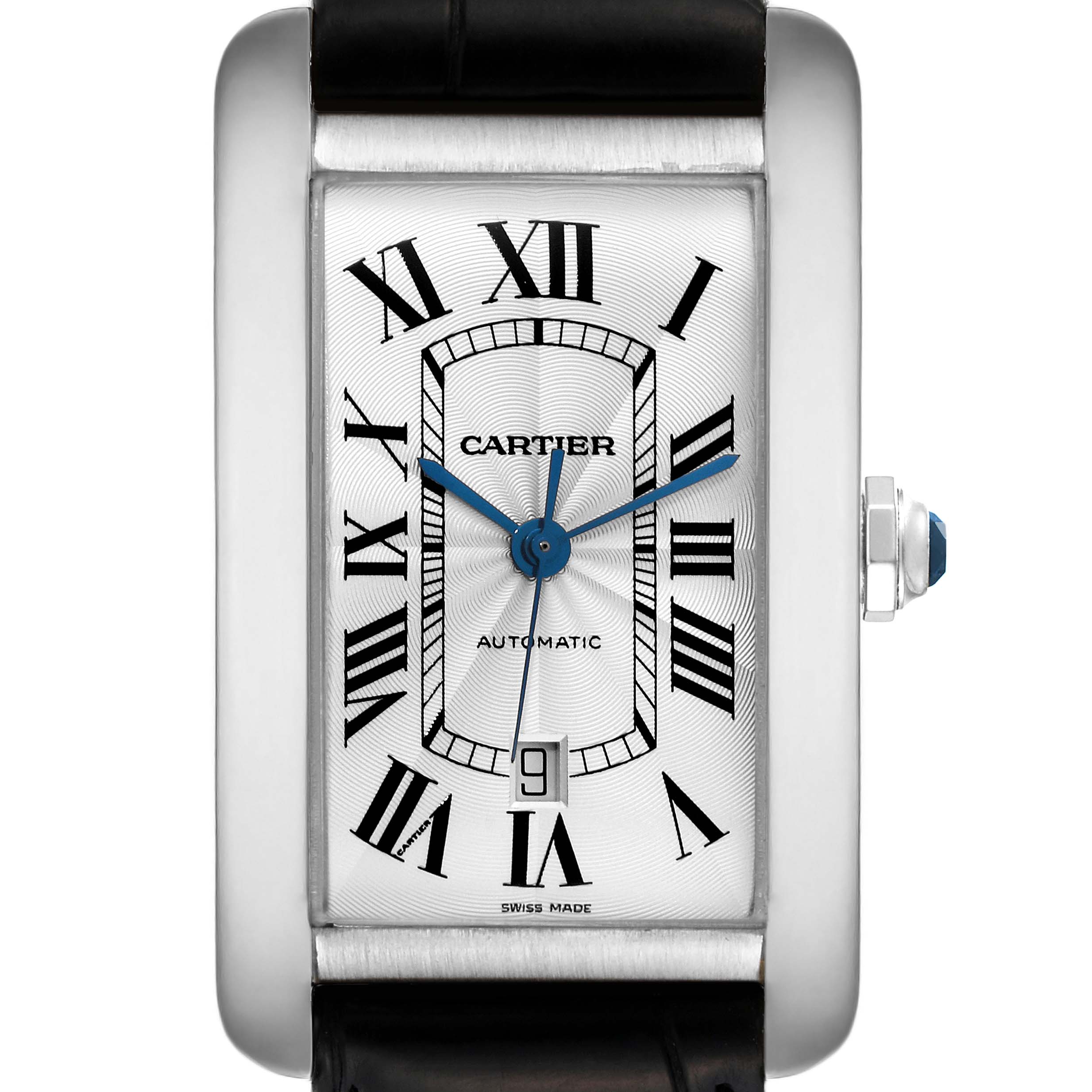 This image shows the face of a Cartier Tank Americaine W2609956 Men's White Gold Silver Dial W2609956 Men's White Gold Silver Dial watch head-on, highlighting the dial, hands, and Roman numeral markers.