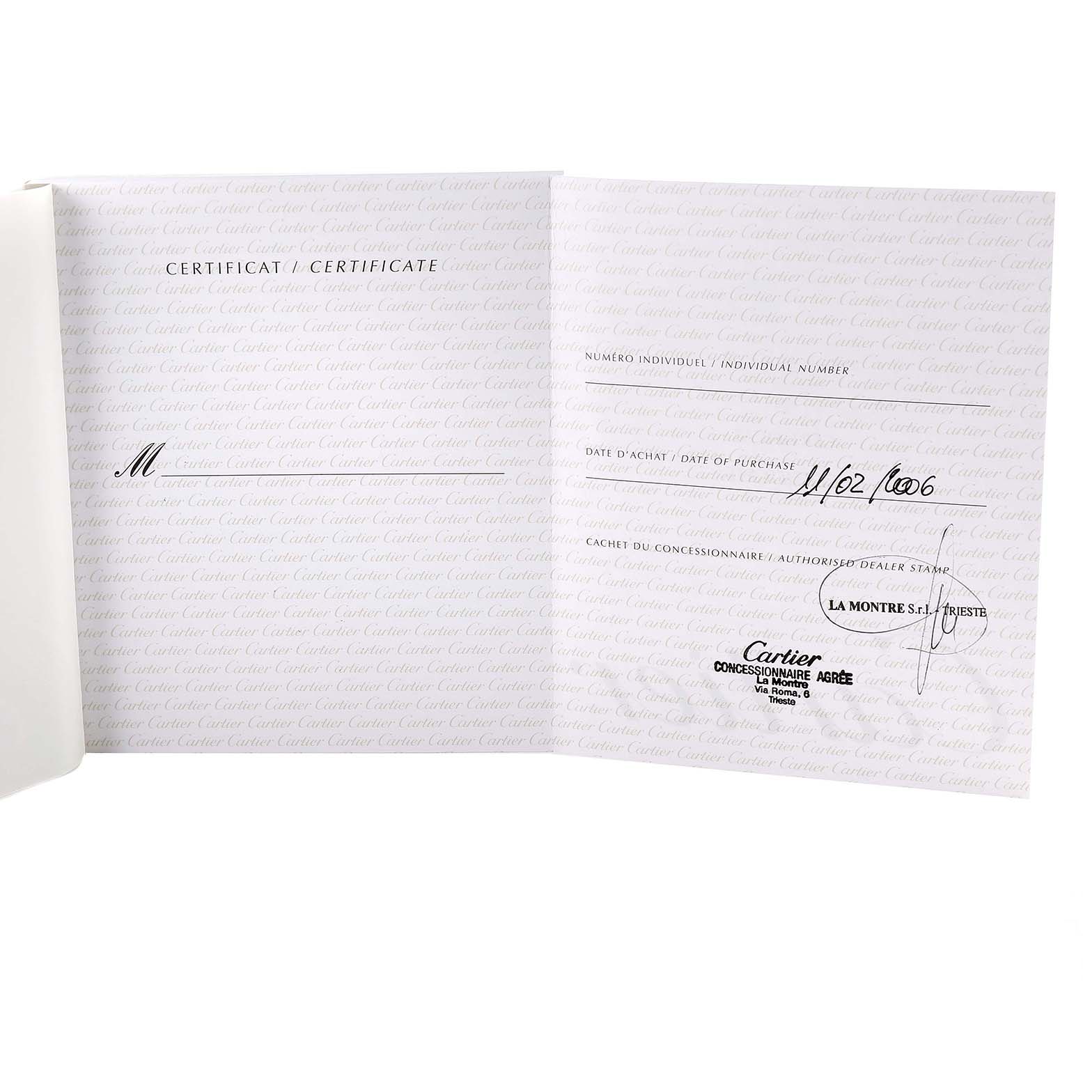 This image shows the opened certificate booklet for the Cartier Tank Francaise W51028Q3 Women's Stainless Steel Mother of Pearl Dial W51028Q3 Women's Stainless Steel Mother of Pearl Dial watch.