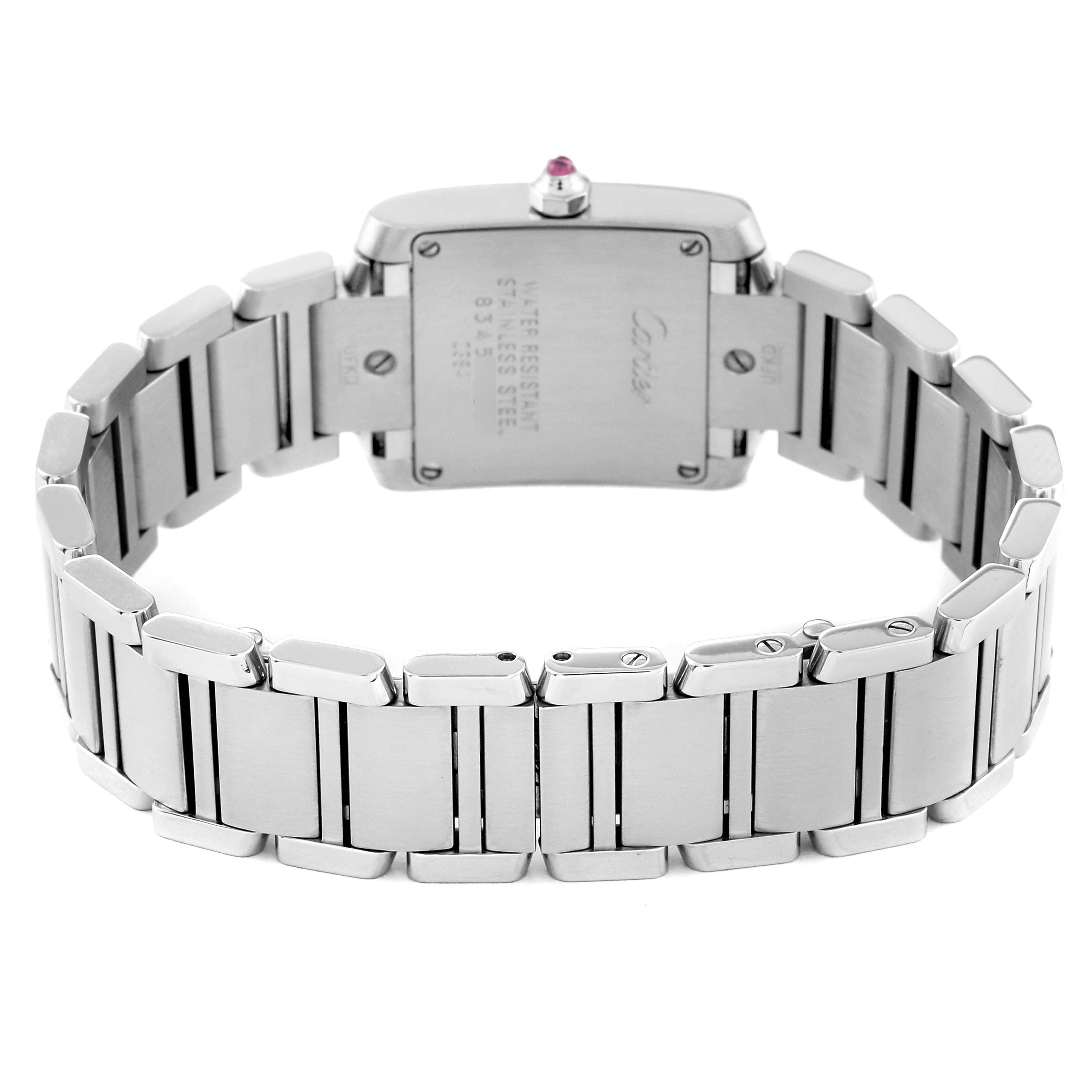 The image shows the back case and stainless steel bracelet of the Cartier Tank Française watch, viewed from the rear.