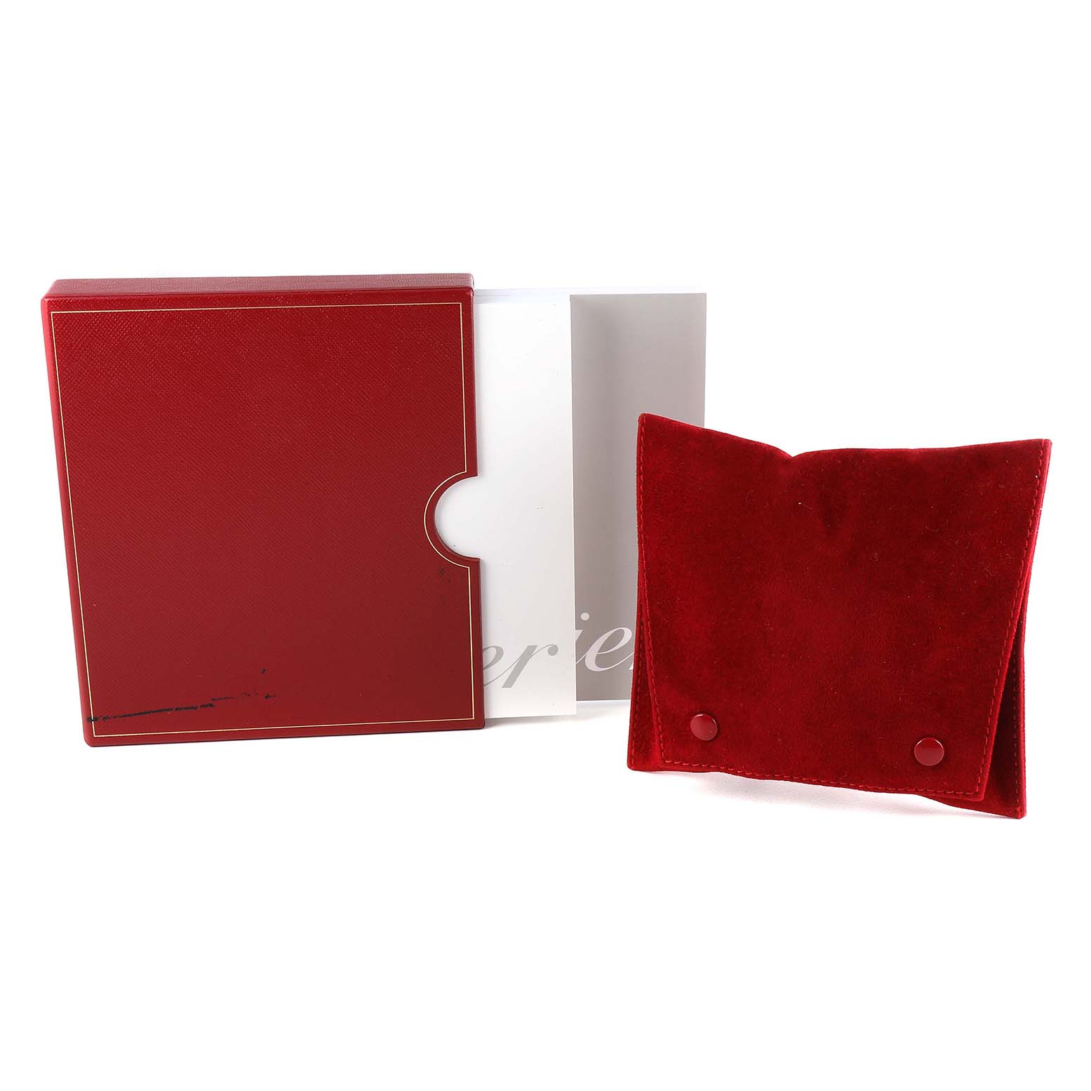 The image shows the packaging and a red velvet pouch for the Cartier Tank Francaise W51028Q3 Women's Stainless Steel Mother of Pearl Dial W51028Q3 Women's Stainless Steel Mother of Pearl Dial model watch.