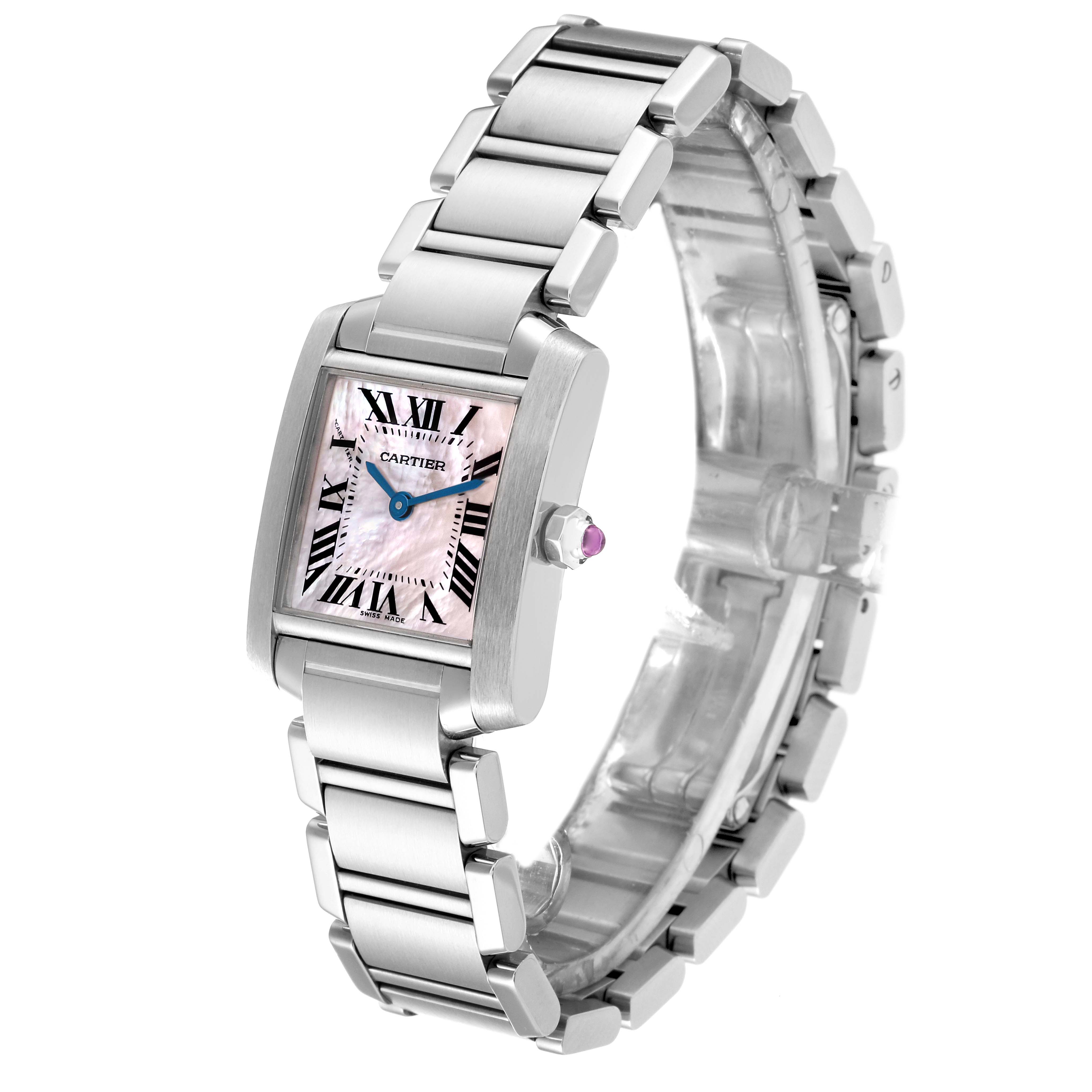 The image shows a Cartier Tank Francaise W51028Q3 Women's Stainless Steel Mother of Pearl Dial W51028Q3 Women's Stainless Steel Mother of Pearl Dial watch viewed from a front angle, highlighting its case, dial, bracelet, and crown.