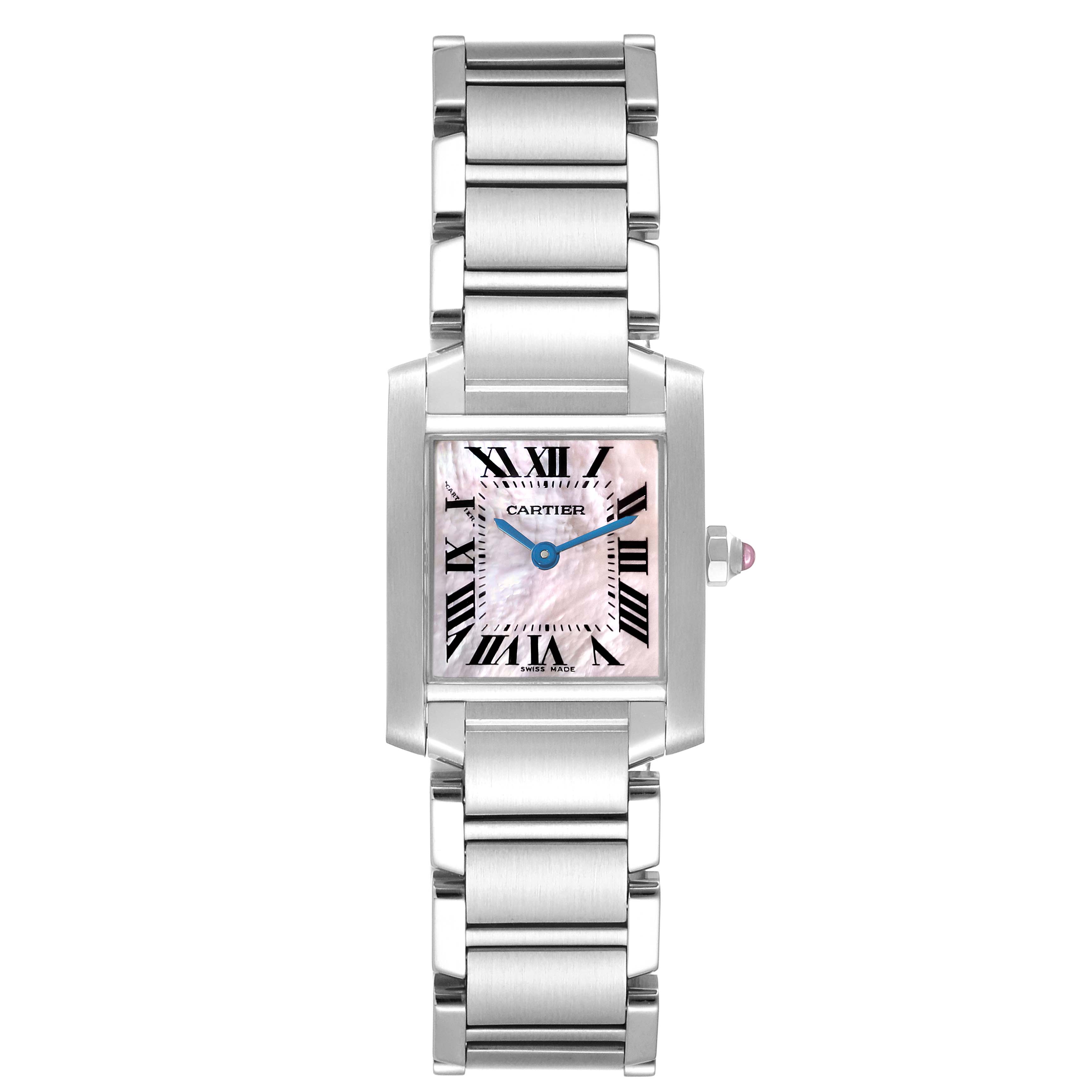 The image shows a front view of a Cartier Tank Française watch, displaying the face, bezel, bracelet, and crown.