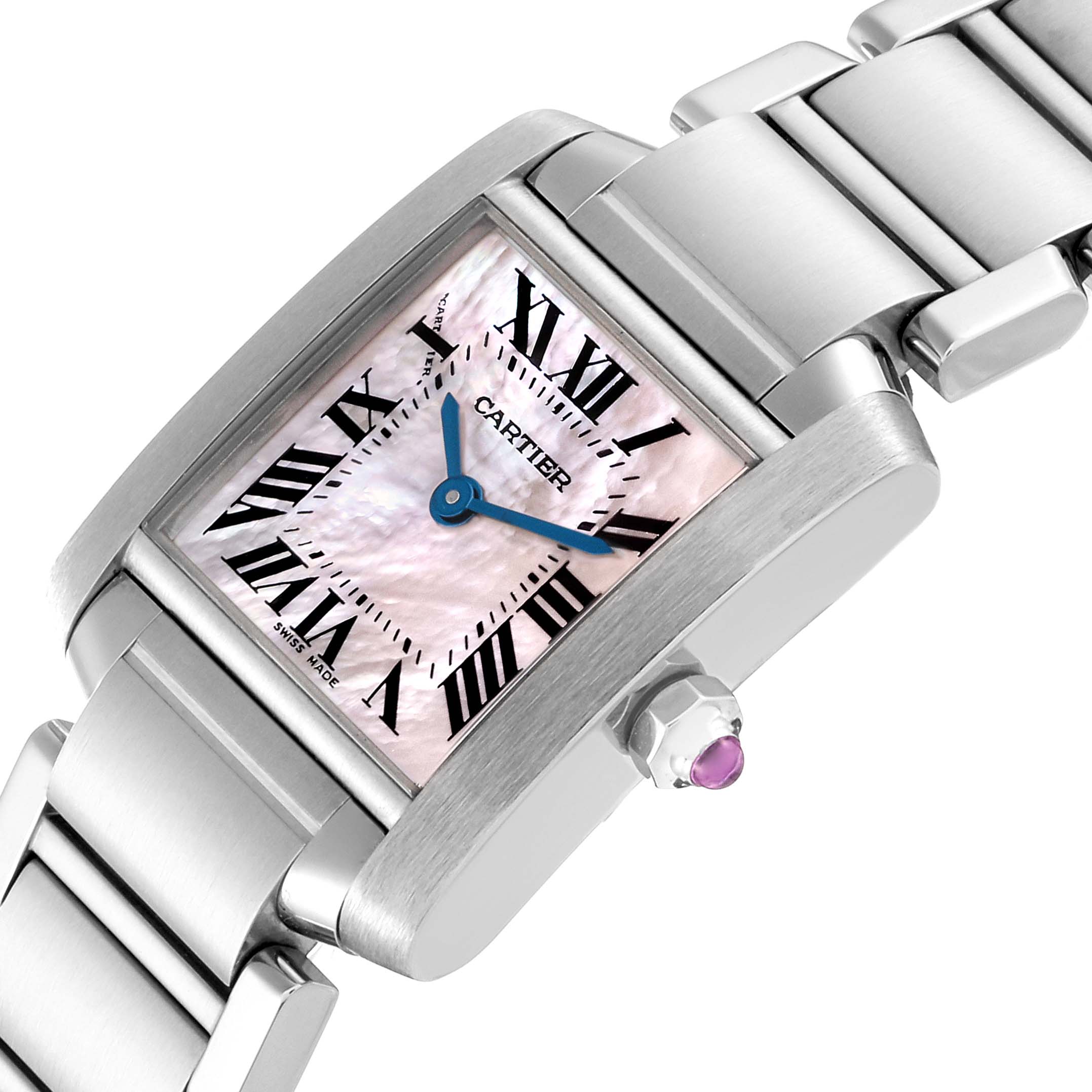 The image shows a close-up, side angle view of the Cartier Tank Francaise W51028Q3 Women's Stainless Steel Mother of Pearl Dial W51028Q3 Women's Stainless Steel Mother of Pearl Dial watch, highlighting the dial, bracelet, and crown with a gemstone.