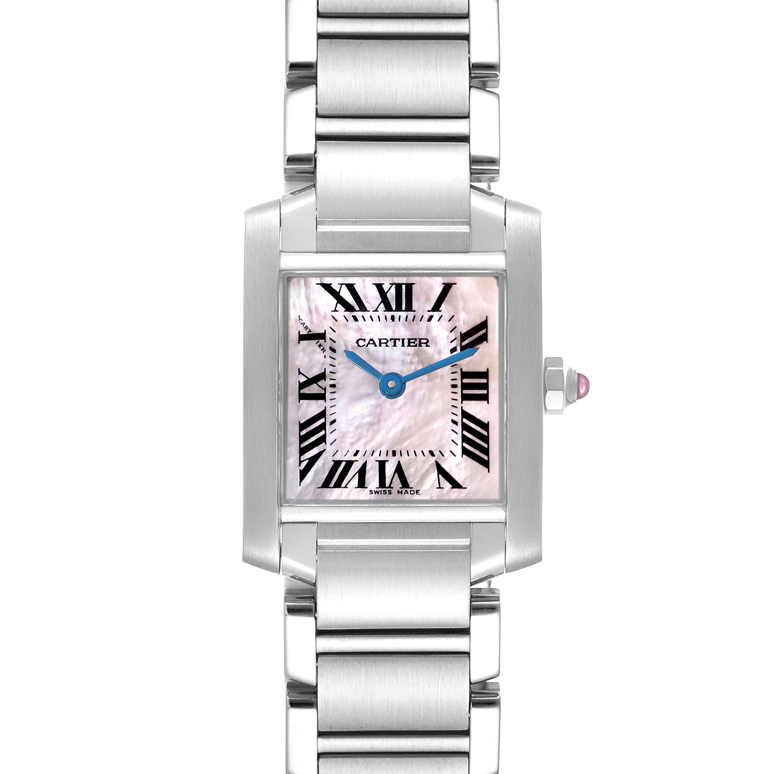 The image shows a head-on view of the Cartier Tank Francaise W51028Q3 Women's Stainless Steel Mother of Pearl Dial W51028Q3 Women's Stainless Steel Mother of Pearl Dial watch, highlighting its face, bracelet, and crown.