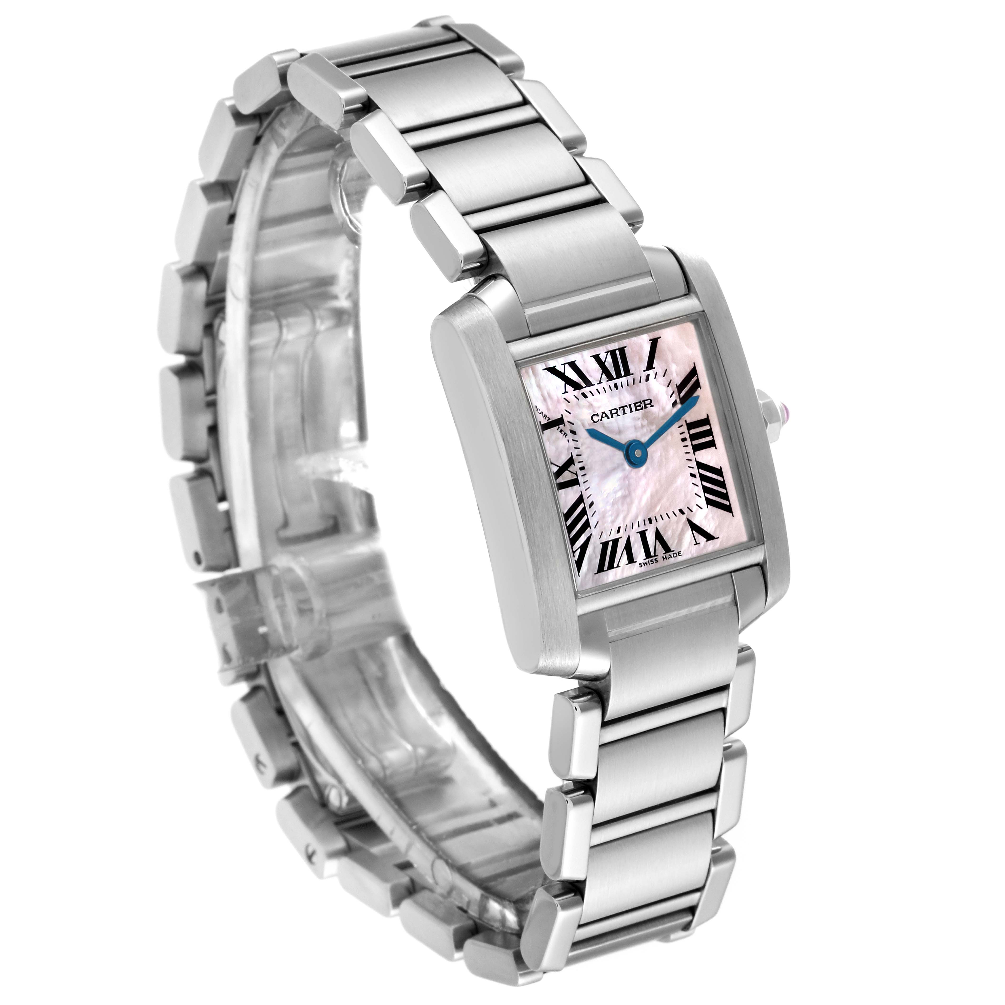The image shows a Cartier Tank Francaise W51028Q3 Women's Stainless Steel Mother of Pearl Dial W51028Q3 Women's Stainless Steel Mother of Pearl Dial watch at an angle highlighting its rectangular dial, stainless steel bracelet, and Roman numeral hour markers.