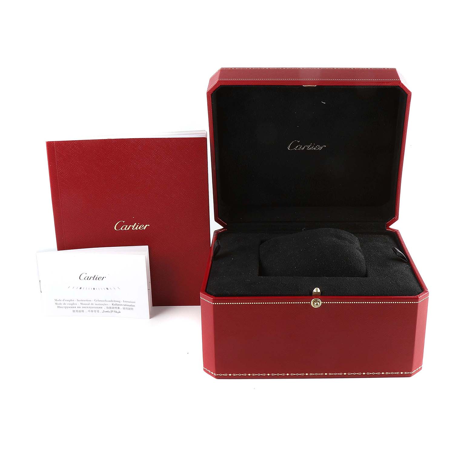 This image shows an open red Cartier box and accompanying documents for a Tank Francaise model watch.