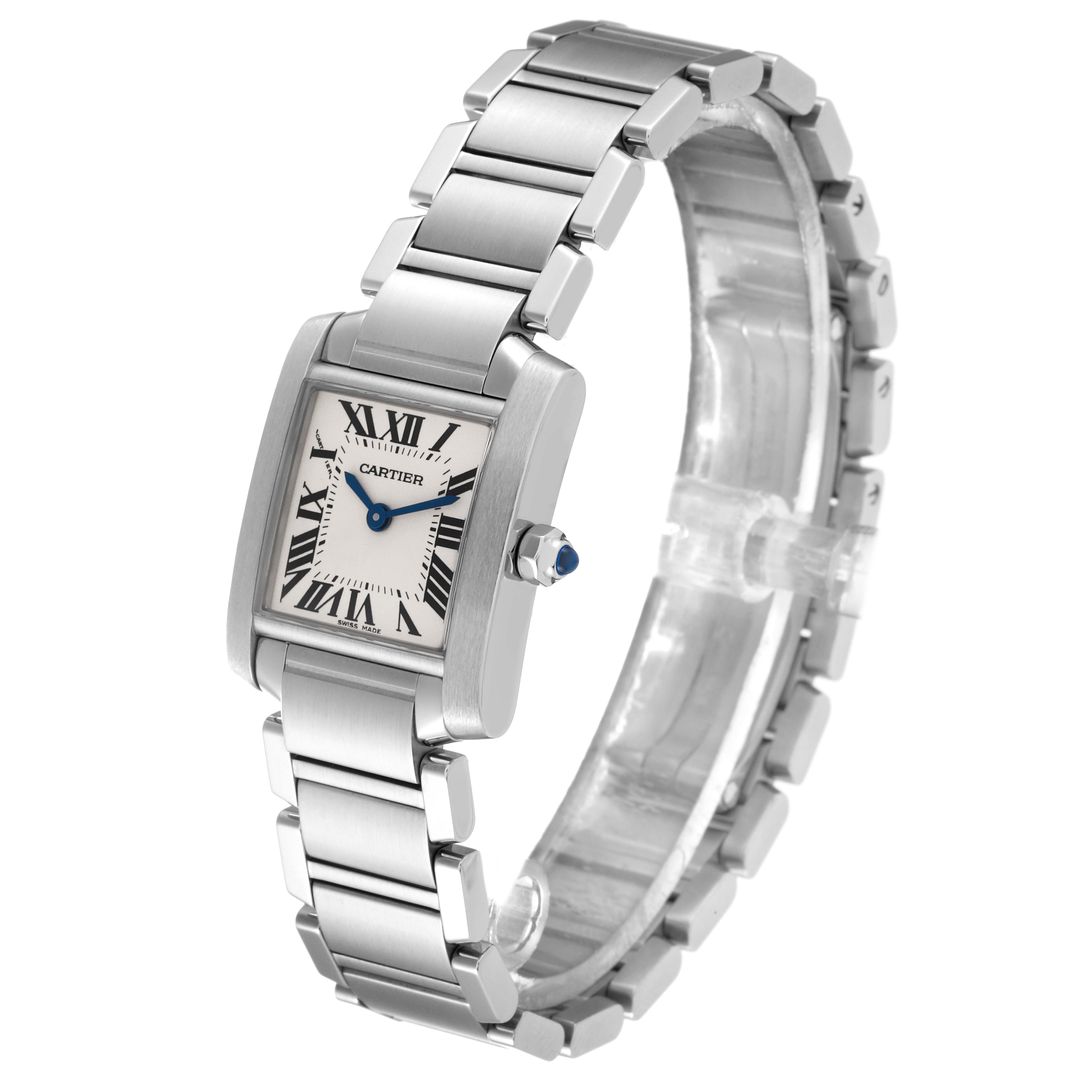 The image shows a Cartier Tank Francaise W51008Q3 Women's Stainless Steel Silver Dial W51008Q3 Women's Stainless Steel Silver Dial watch angled to the left, displaying the face, crown, and metal bracelet.