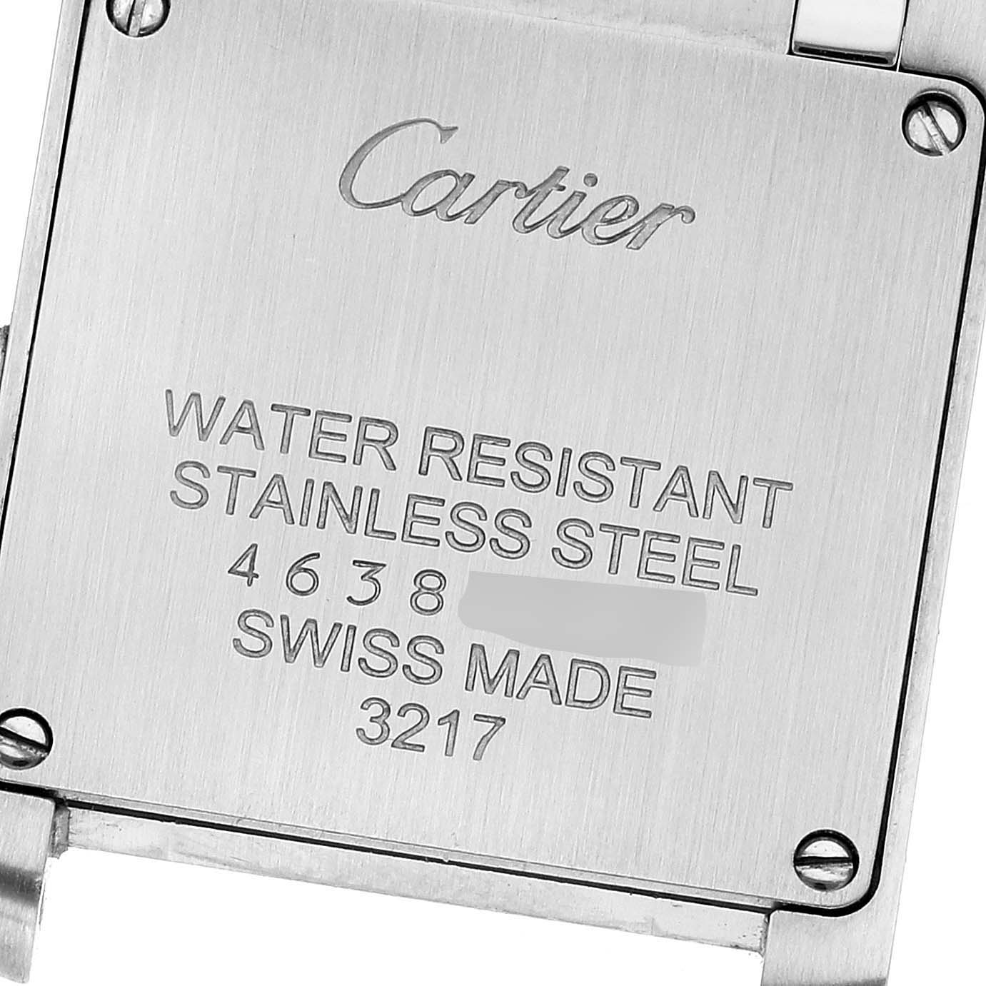 This image shows the back of a Tank Francaise model by Cartier, highlighting its water resistance and material details.
