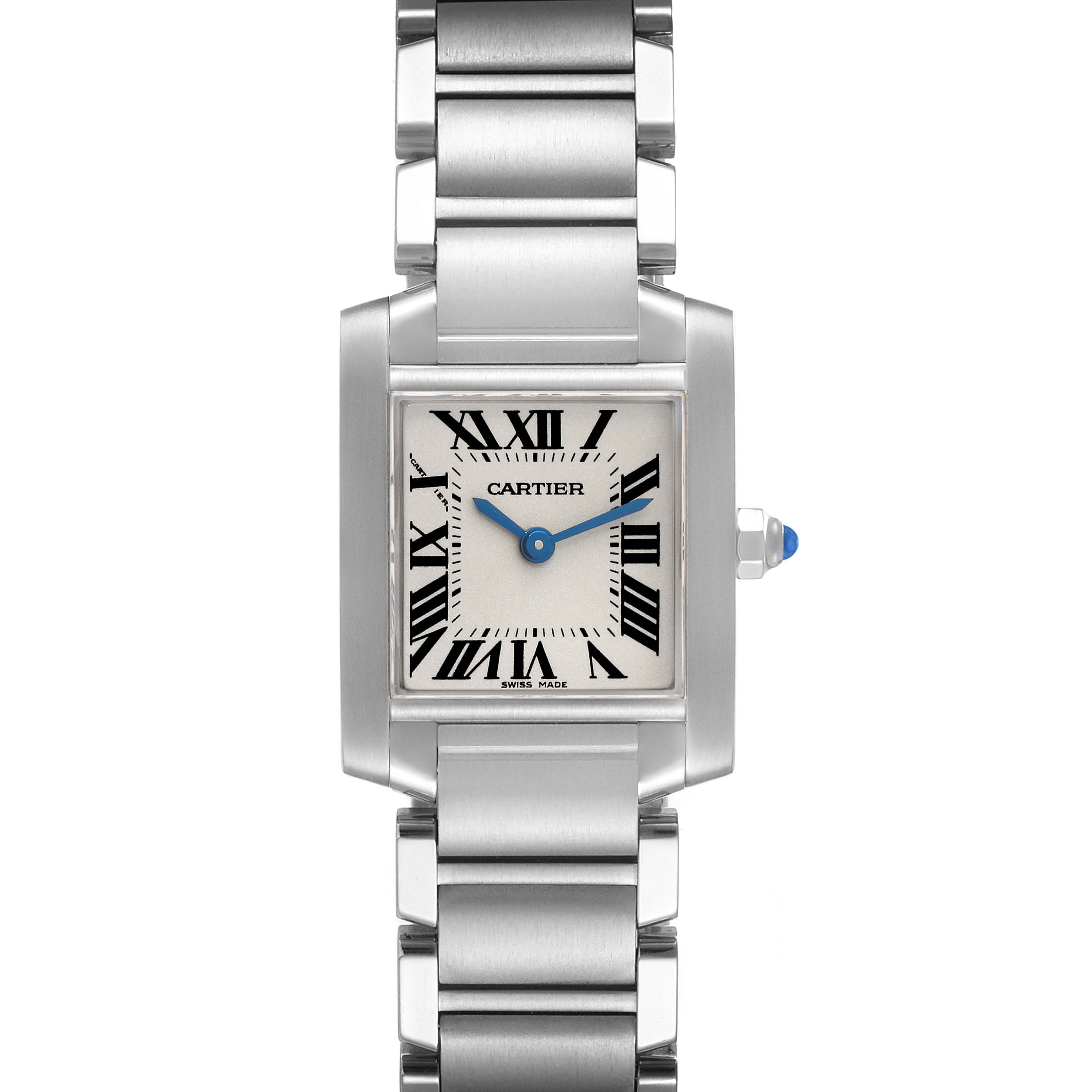 This image shows a front view of the Cartier Tank Française watch, featuring the face, bracelet, and crown.