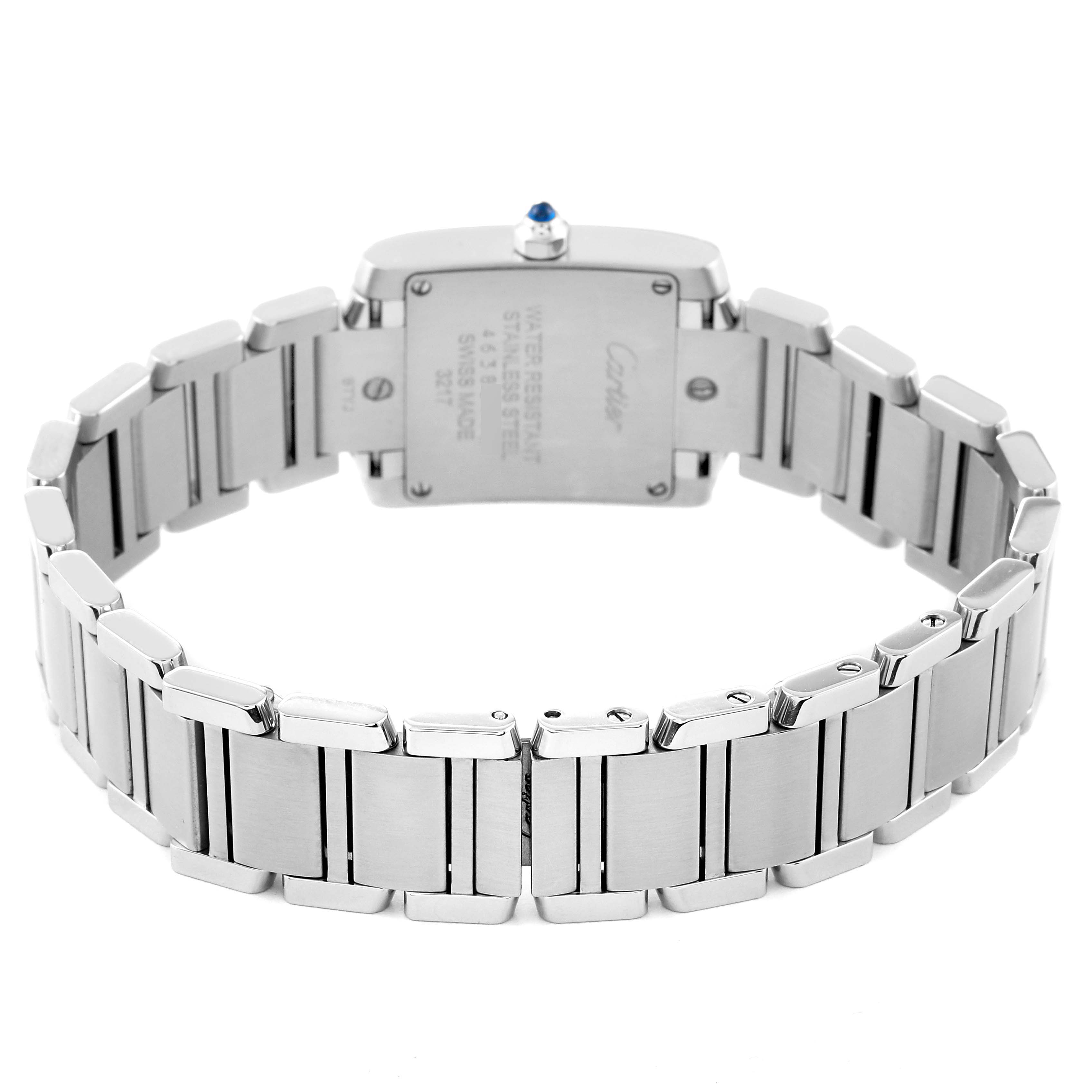 The image shows the back of the Tank Française model watch by Cartier, highlighting its stainless steel bracelet and case back.