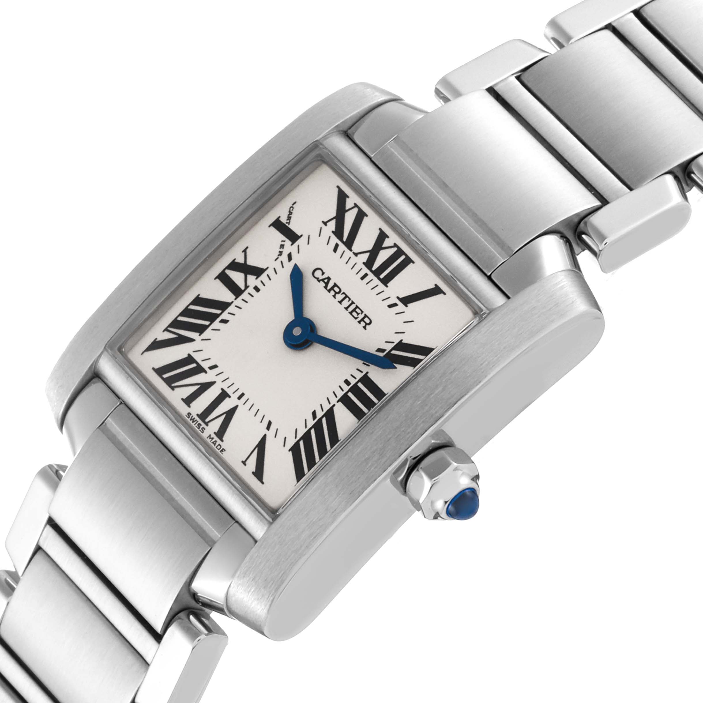 The image shows a close-up angle of the Cartier Tank Francaise W51008Q3 Women's Stainless Steel Silver Dial W51008Q3 Women's Stainless Steel Silver Dial watch, focusing on the dial, crown, and part of the strap.