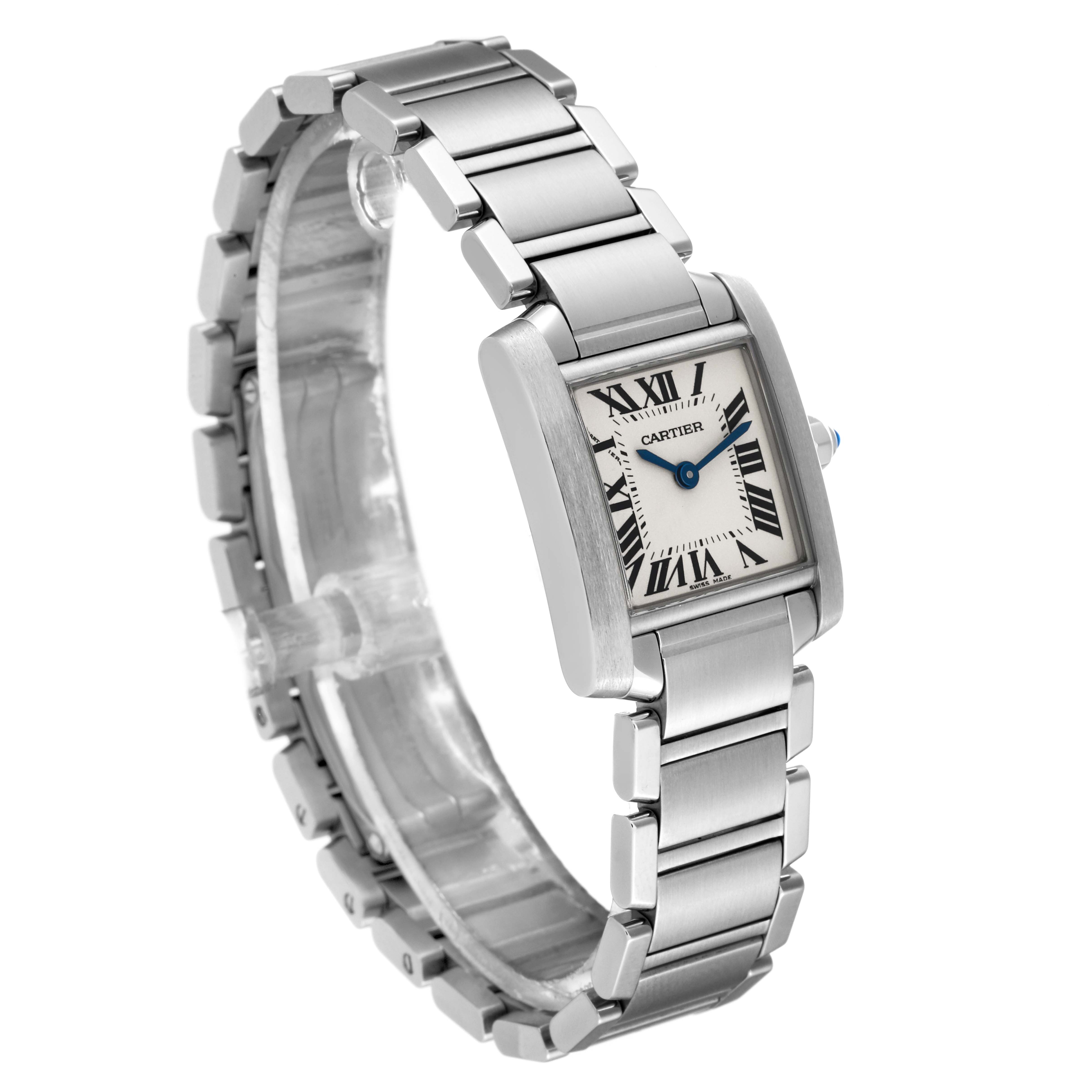The Cartier Tank Francaise W51008Q3 Women's Stainless Steel Silver Dial W51008Q3 Women's Stainless Steel Silver Dial watch is shown at a slight angle, displaying its rectangular face, bracelet, and Roman numeral markers.