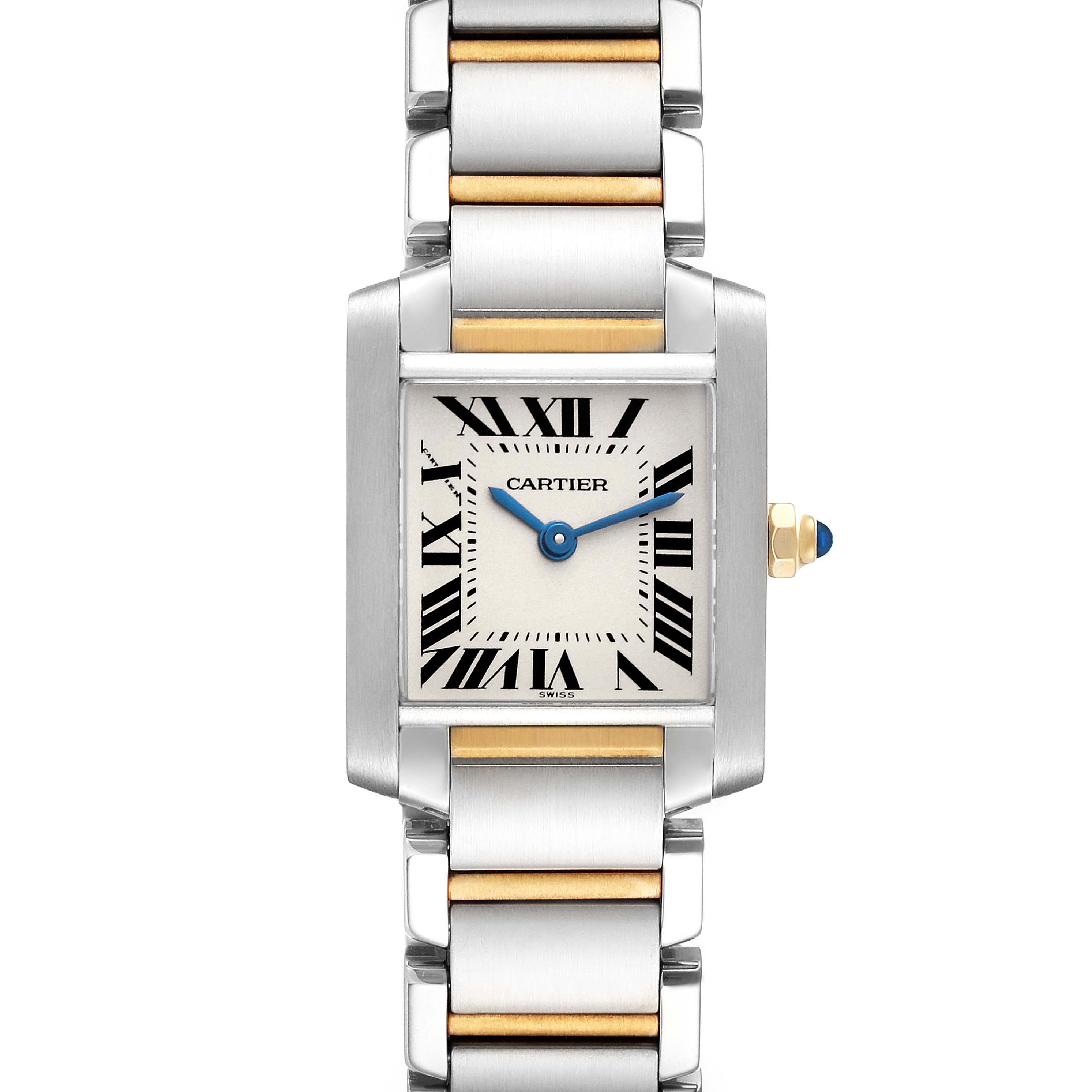 This image shows a front view of the Cartier Tank Francaise W51007Q4 Women's Steel and Gold (two tone) Silver Dial W51007Q4 Women's Steel and Gold (two tone) Silver Dial watch, highlighting its dial, bracelet, and crown.